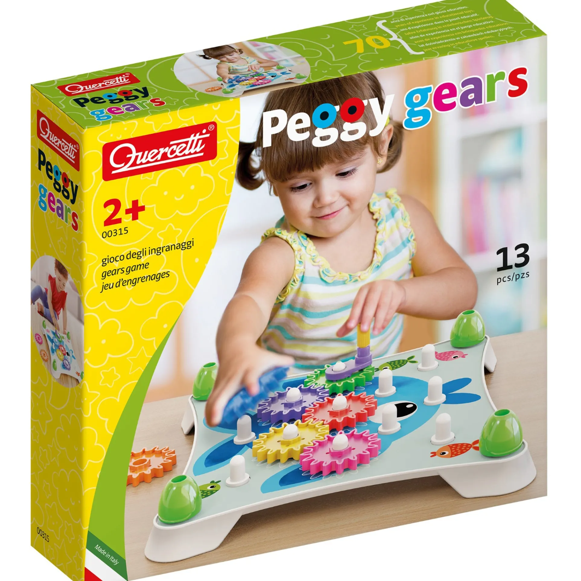 Quercetti Peggy Gears - Interactive Cogwheel Toy for Toddlers with Pegboard and Scene Cards