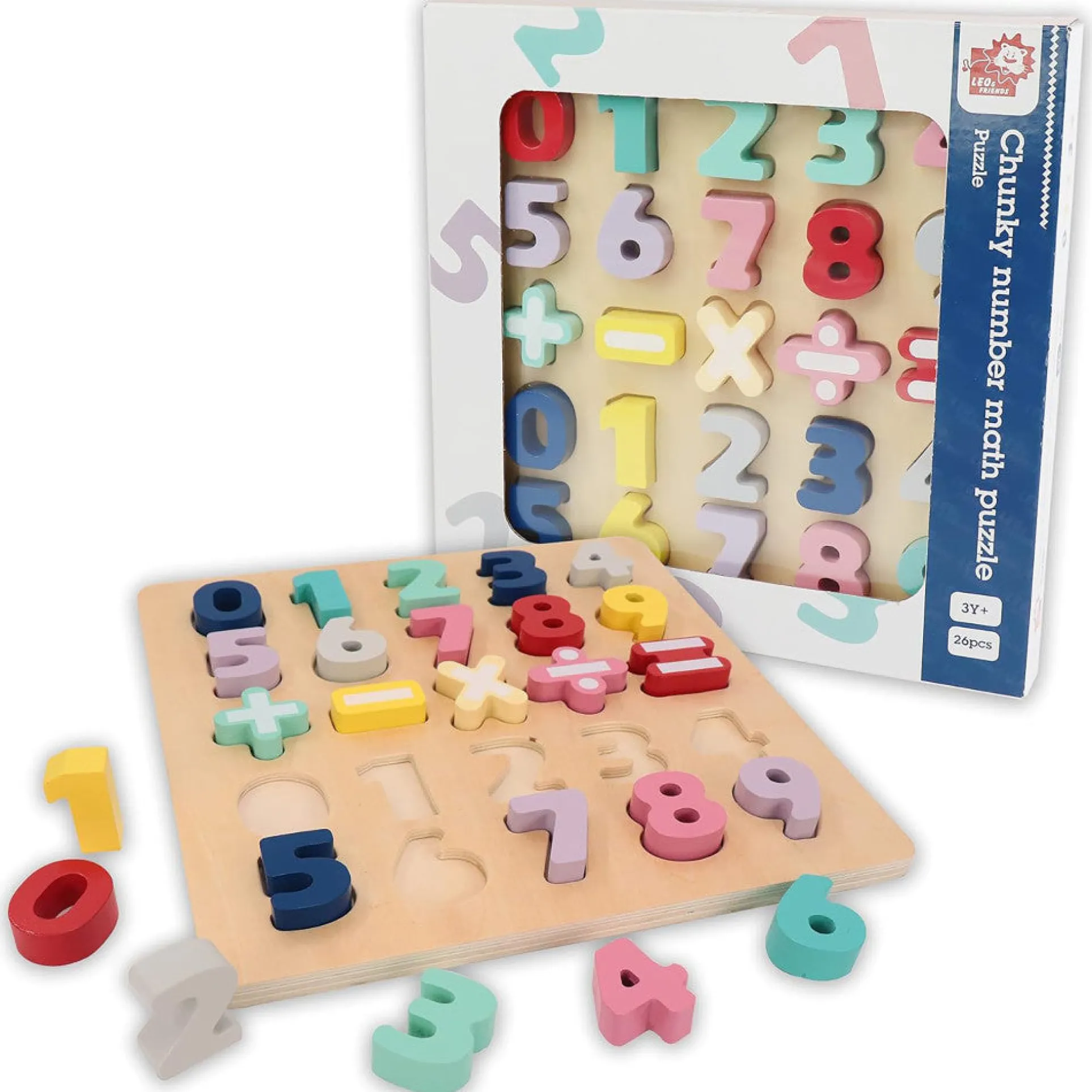 LEO & FRIENDS Colorful Wooden Chunky Number Math Puzzle - 26 Pieces, Learning Toy