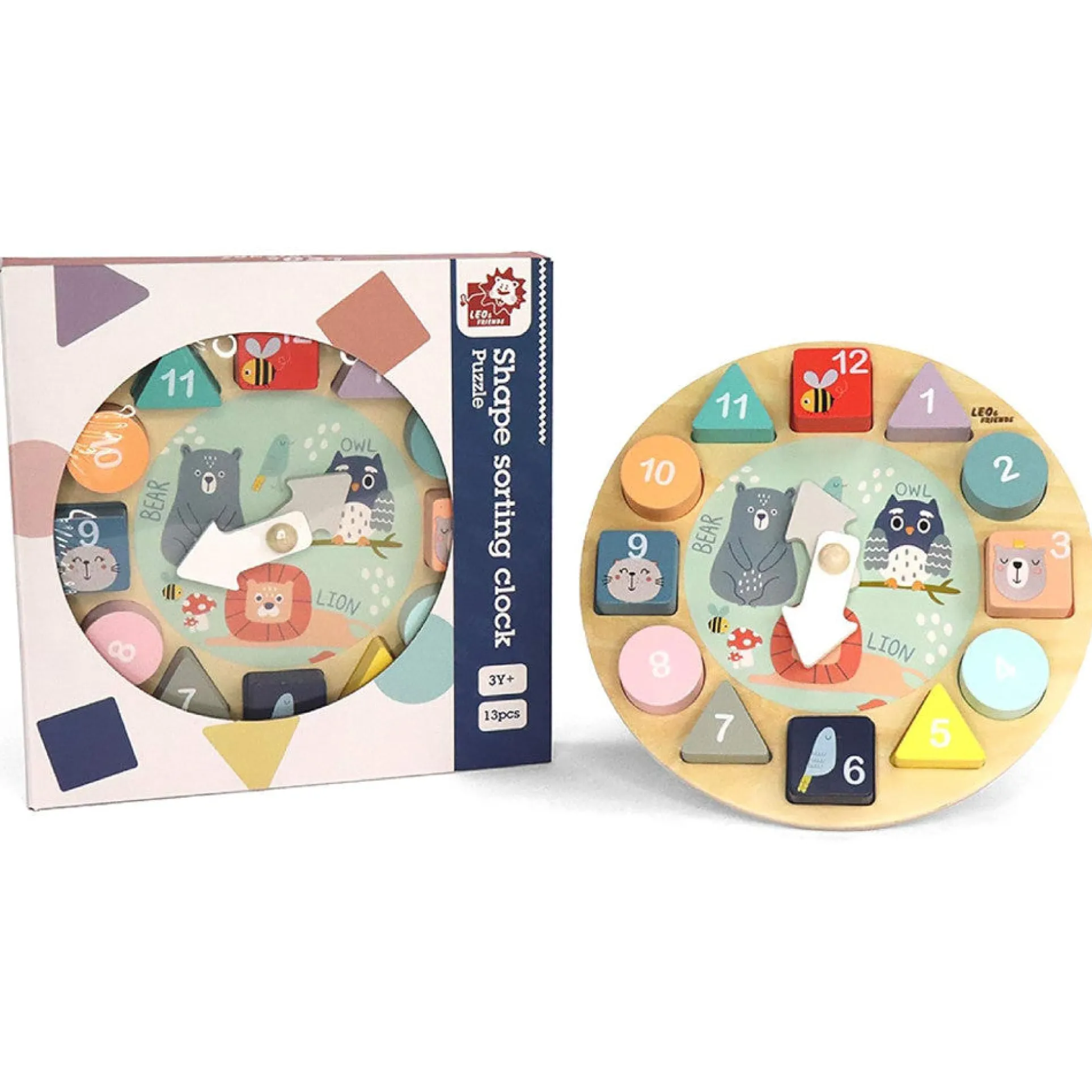 LEO & FRIENDS Wooden Shape Sorting Clock Puzzle - 13pc Colorful Educational Set