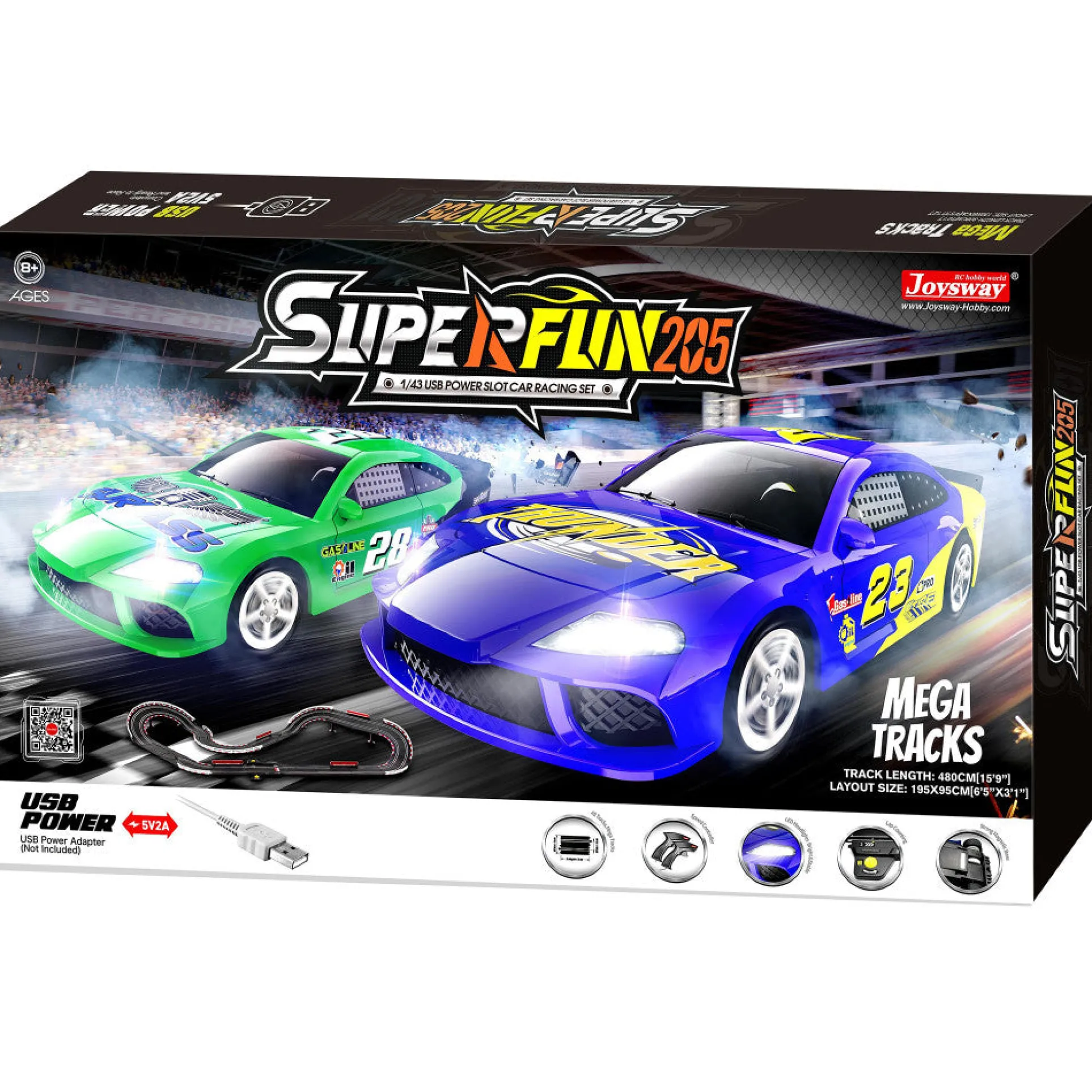 Joysway SuperFun 205 1:43 Scale USB-Powered Slot Car Racing Set with LED Headlights