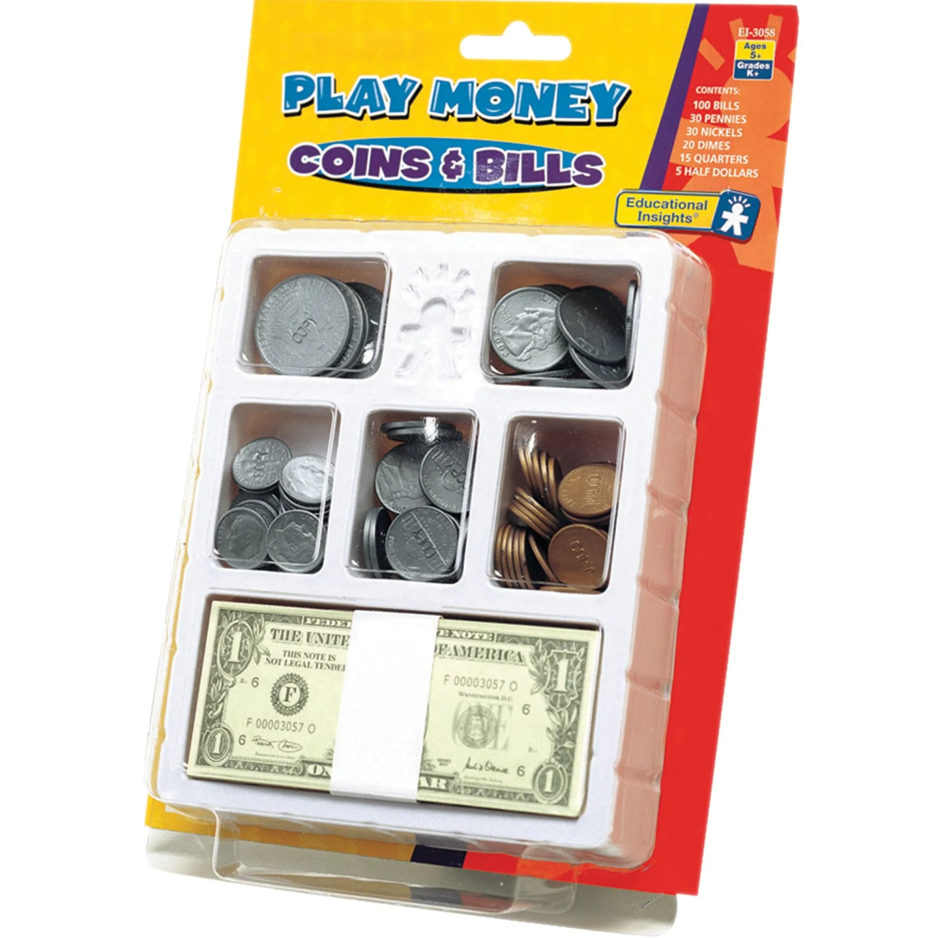 Educational Insights Play Money, Coins & Bills Tray - Realistic Pretend Cash Set