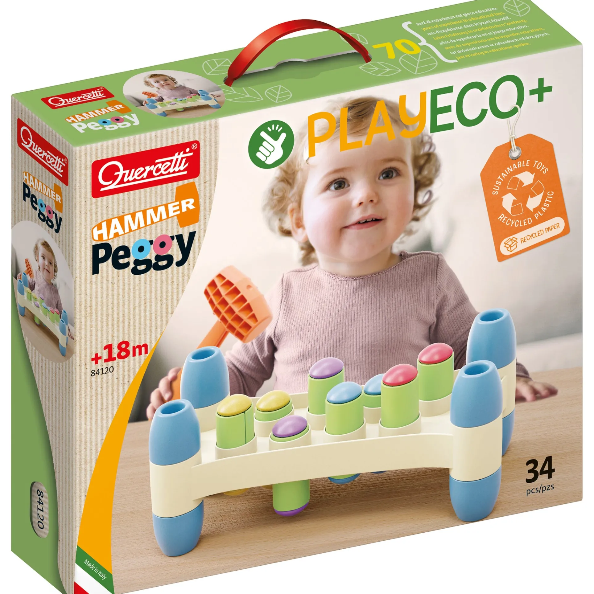 Quercetti PlayEco+ Hammer Peggy - Colorful Peg Pounding Toy