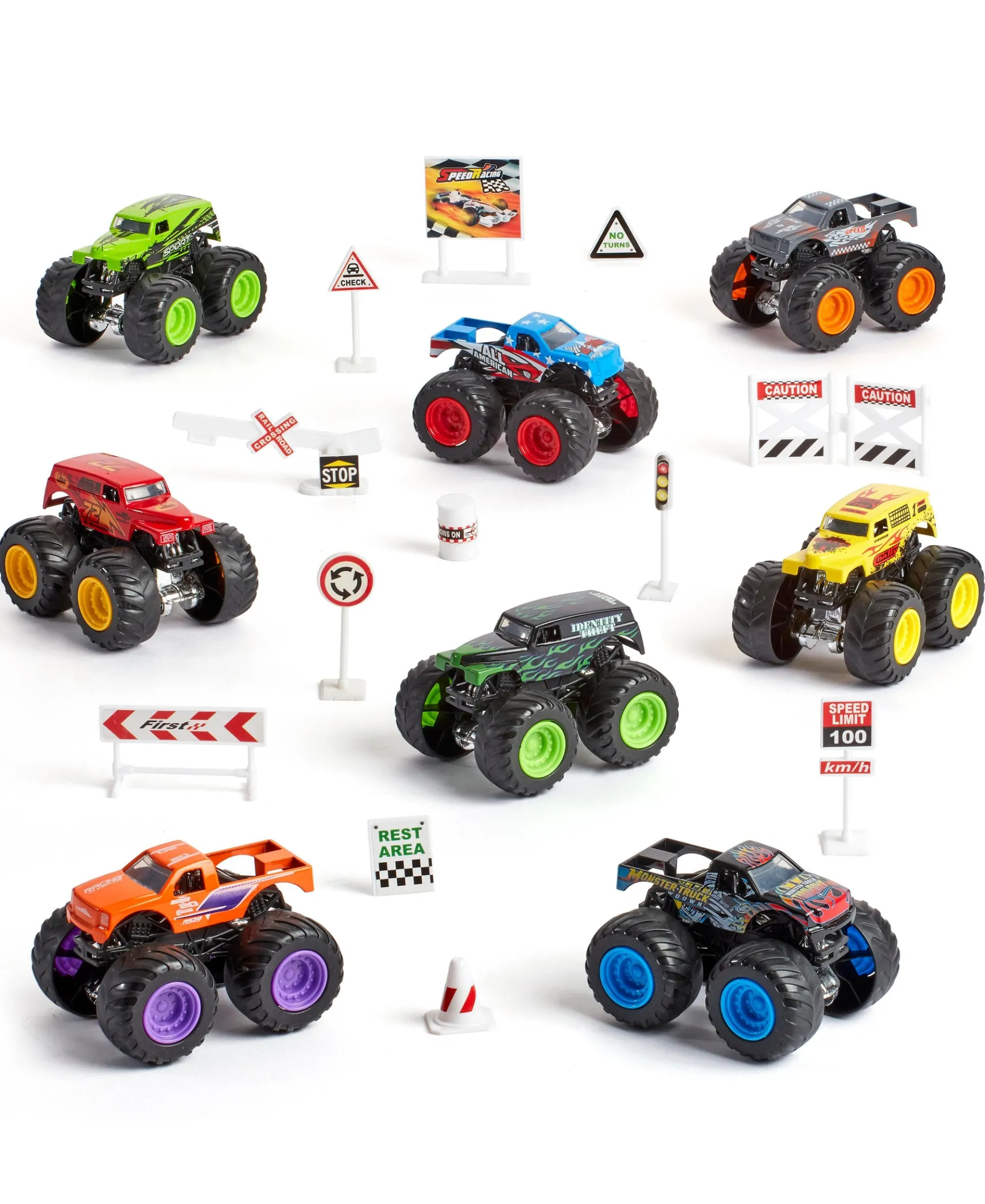 Toys R Us Exclusive 8-Pack Diecast Monster Truck Set with Road Accessories