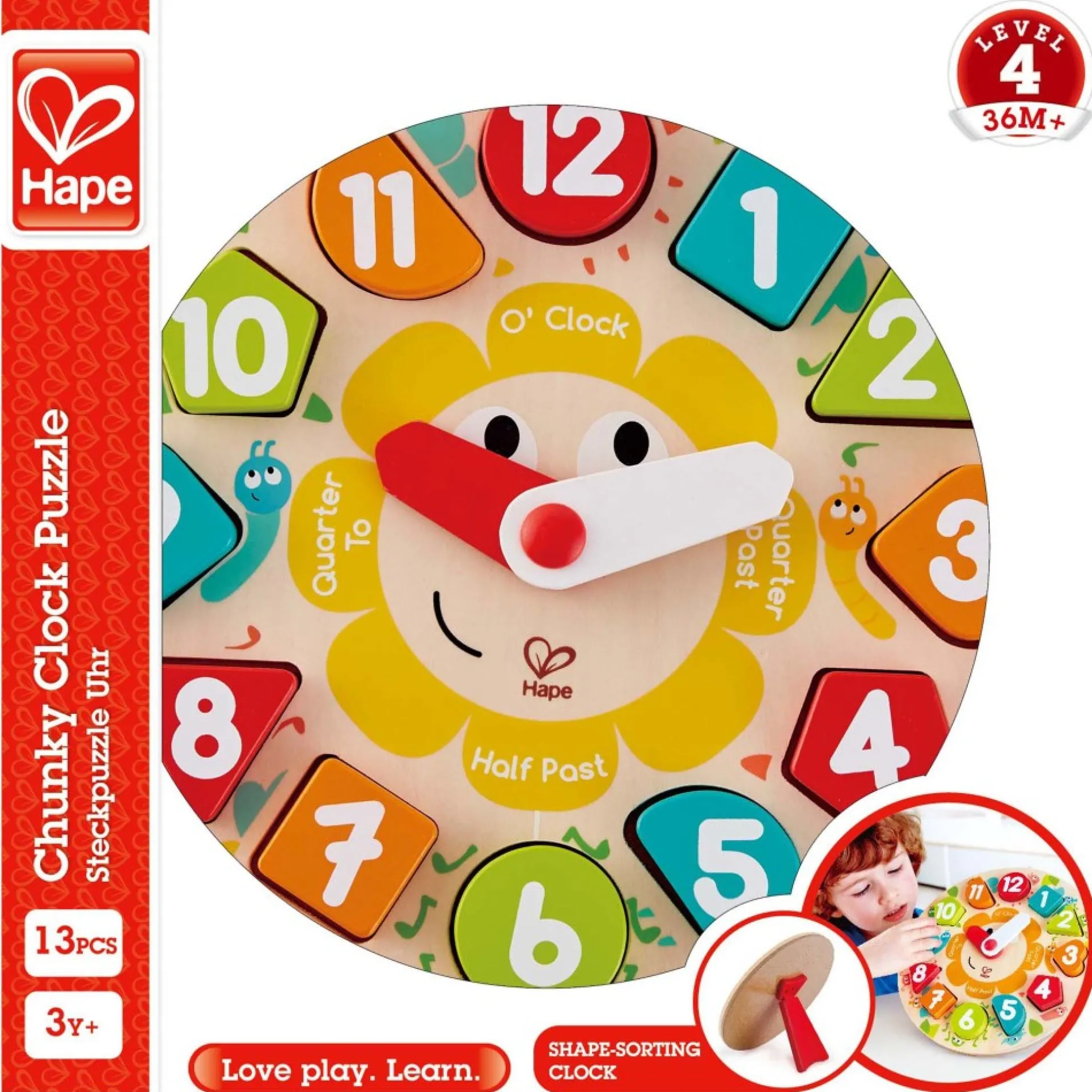 Hape Learn The Time Bug Puzzle - 13pc Colorful Wooden Clock