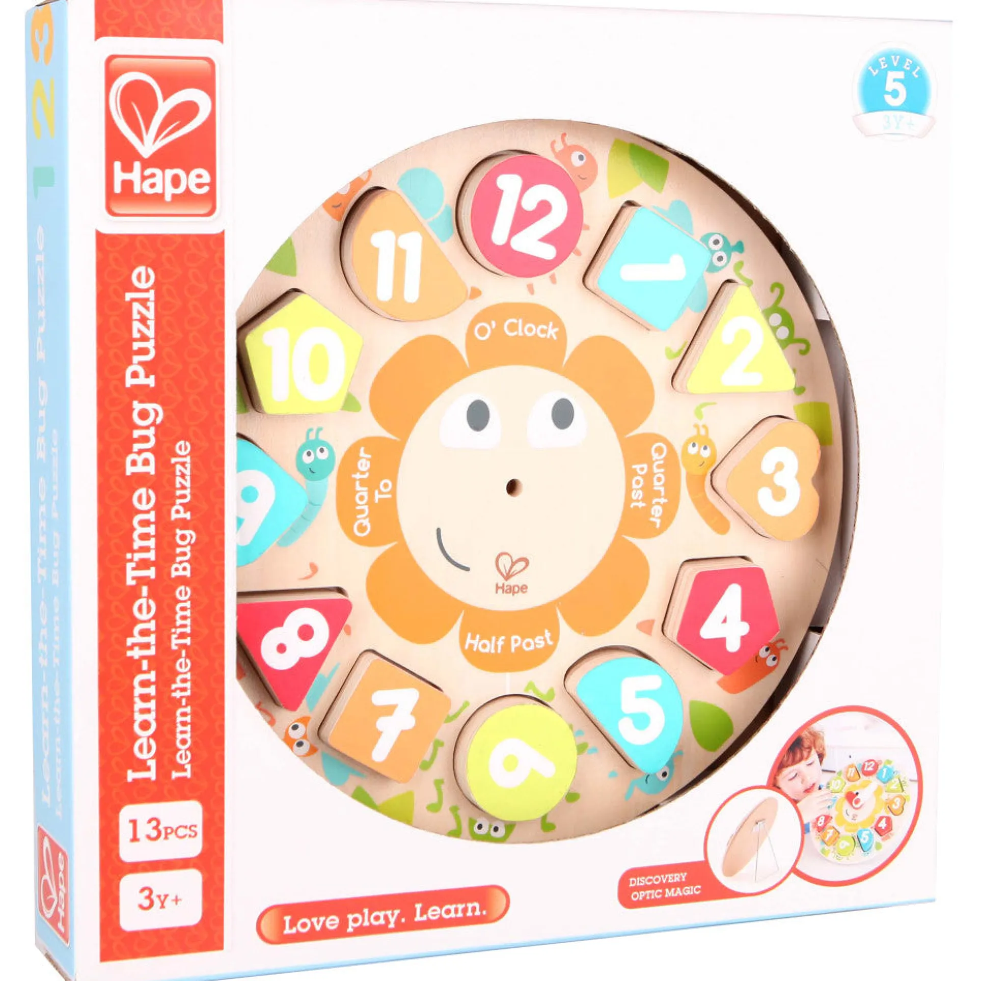 Hape Learn The Time Bug Puzzle - 13pc Colorful Wooden Clock