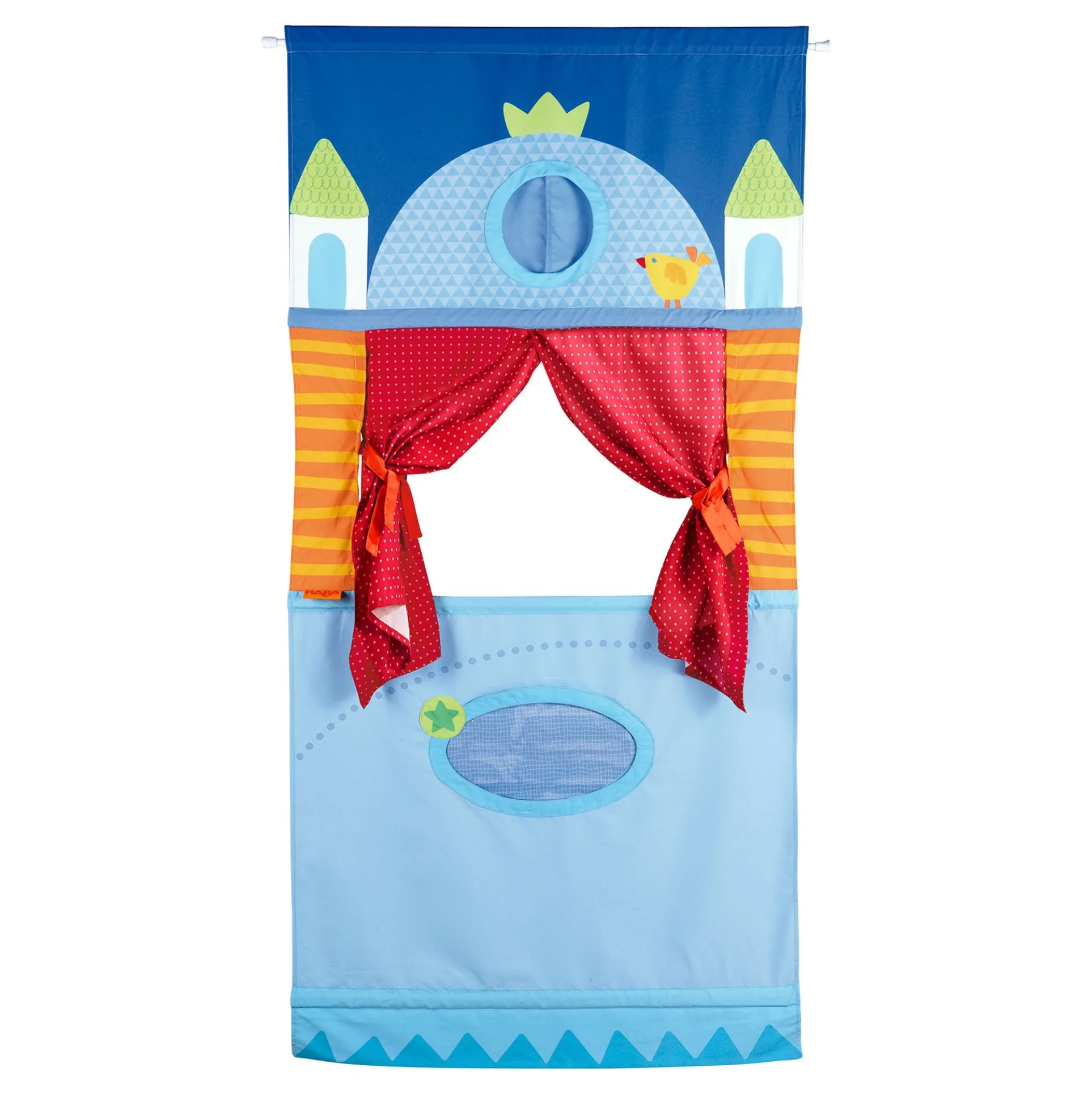 HABA Hanging Doorway Puppet Theater with Adjustable Rods and Whimsical Backdrop