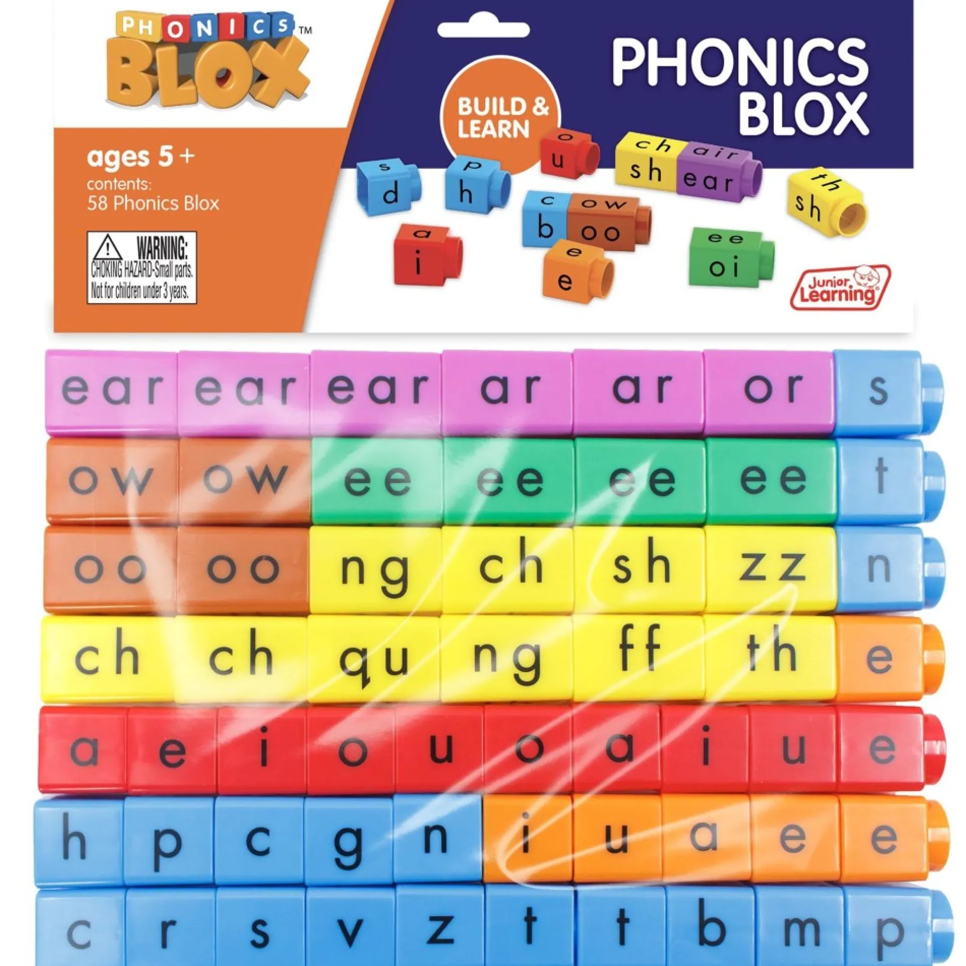 Junior Learning Rainbow Phonics - 58 Color-Coded Phonics Blox Set