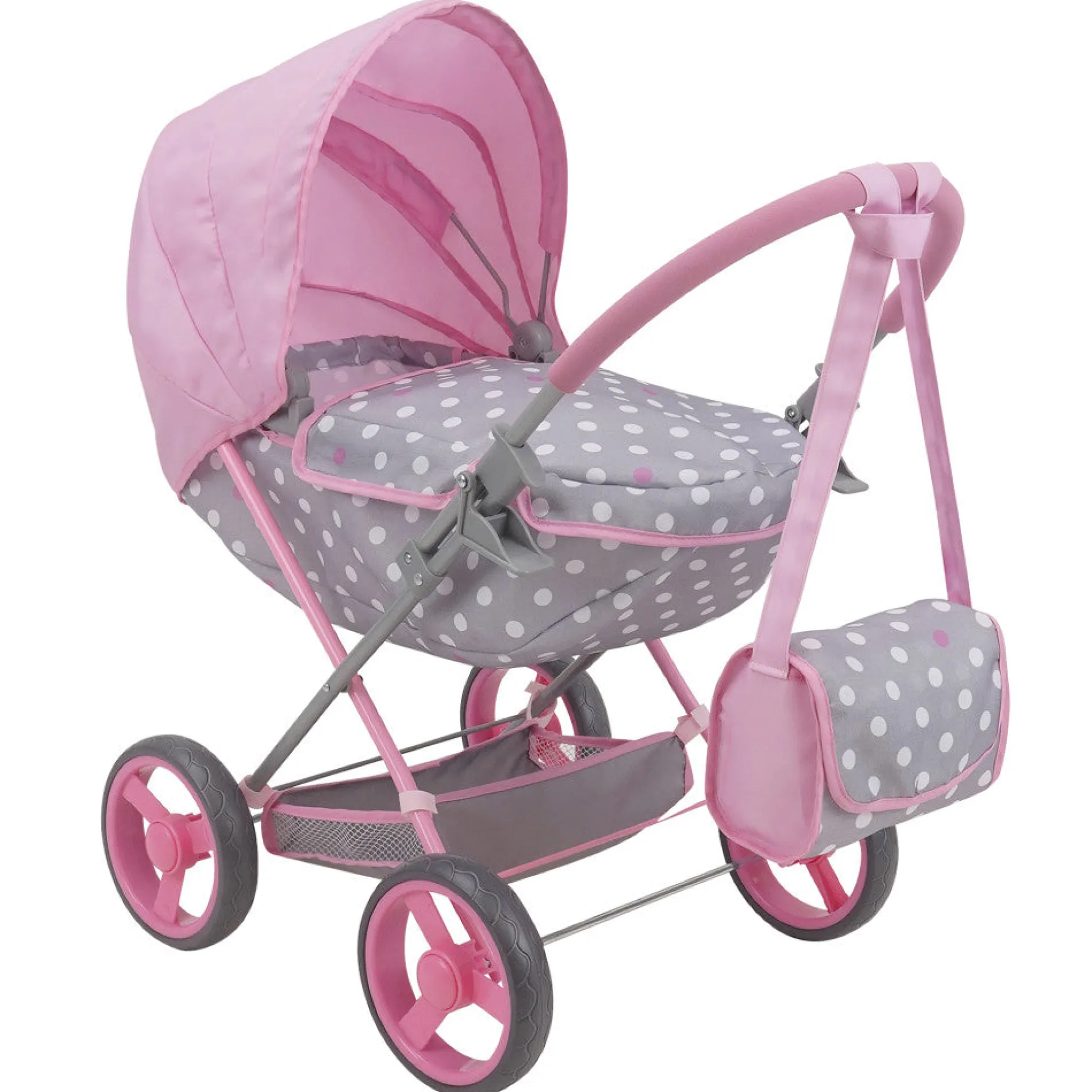 509 Crew Cotton Candy Pink Deluxe Doll Pram with Matching Bag - Pink, Grey, Polka Dot