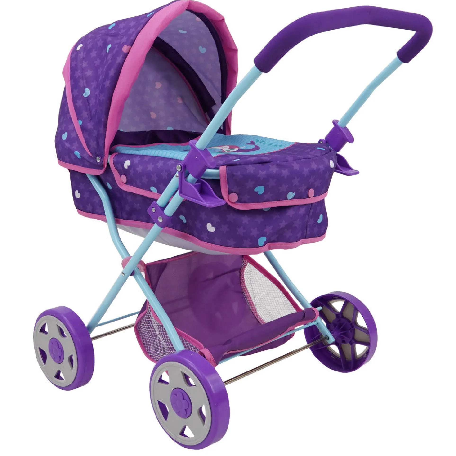 509 Mermaid-Themed Doll Pram with Retractable Canopy and Storage Basket