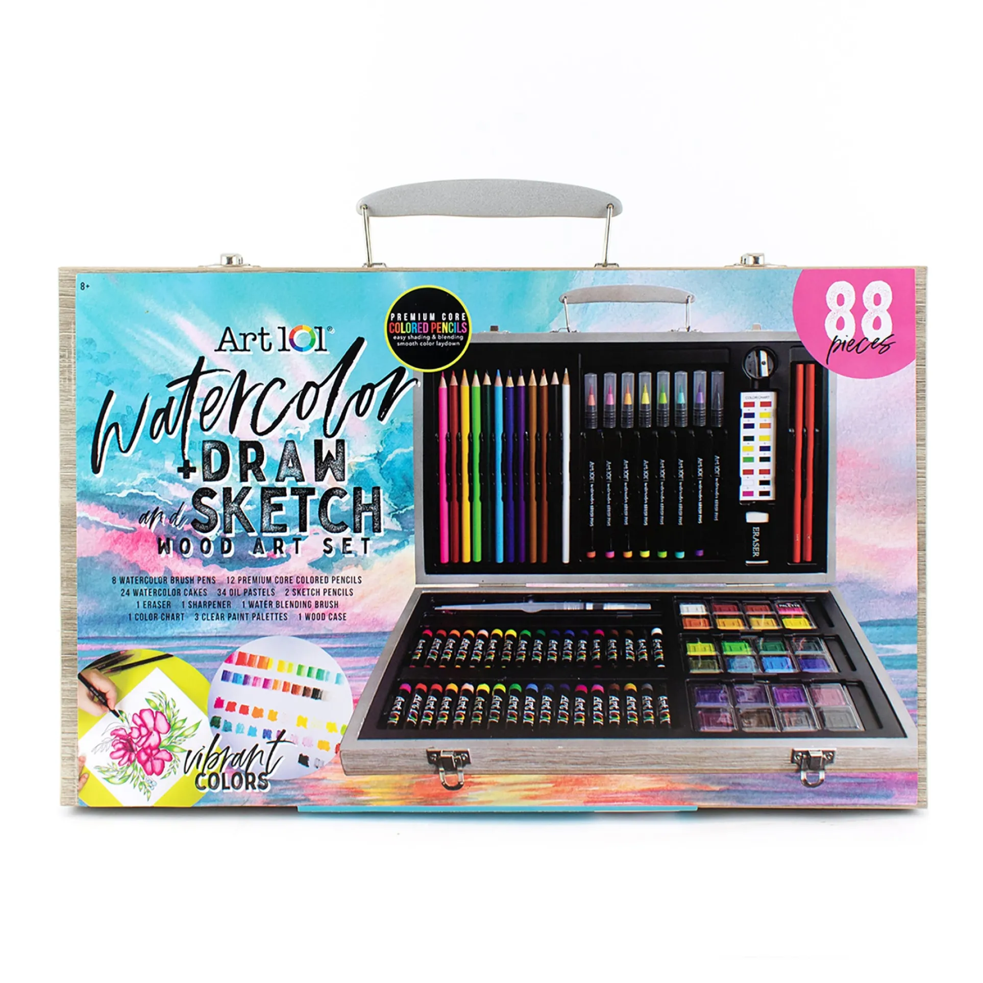 Art 101 Deluxe Wood Art Set - Watercolor, Draw & Sketch, 88 Pieces