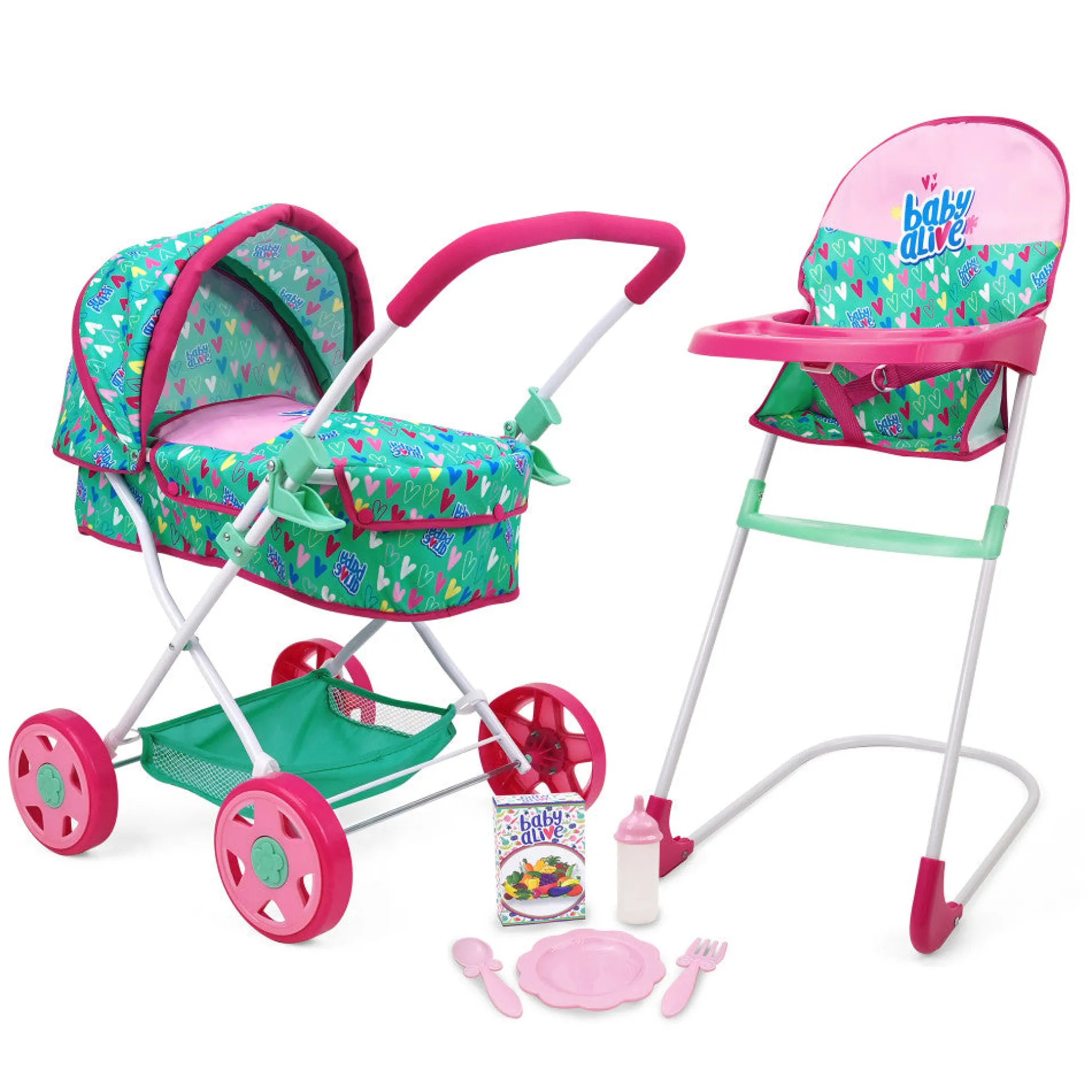 Baby Alive Travel N' Feed Playset - Pink and Green Hearts - 7pcs