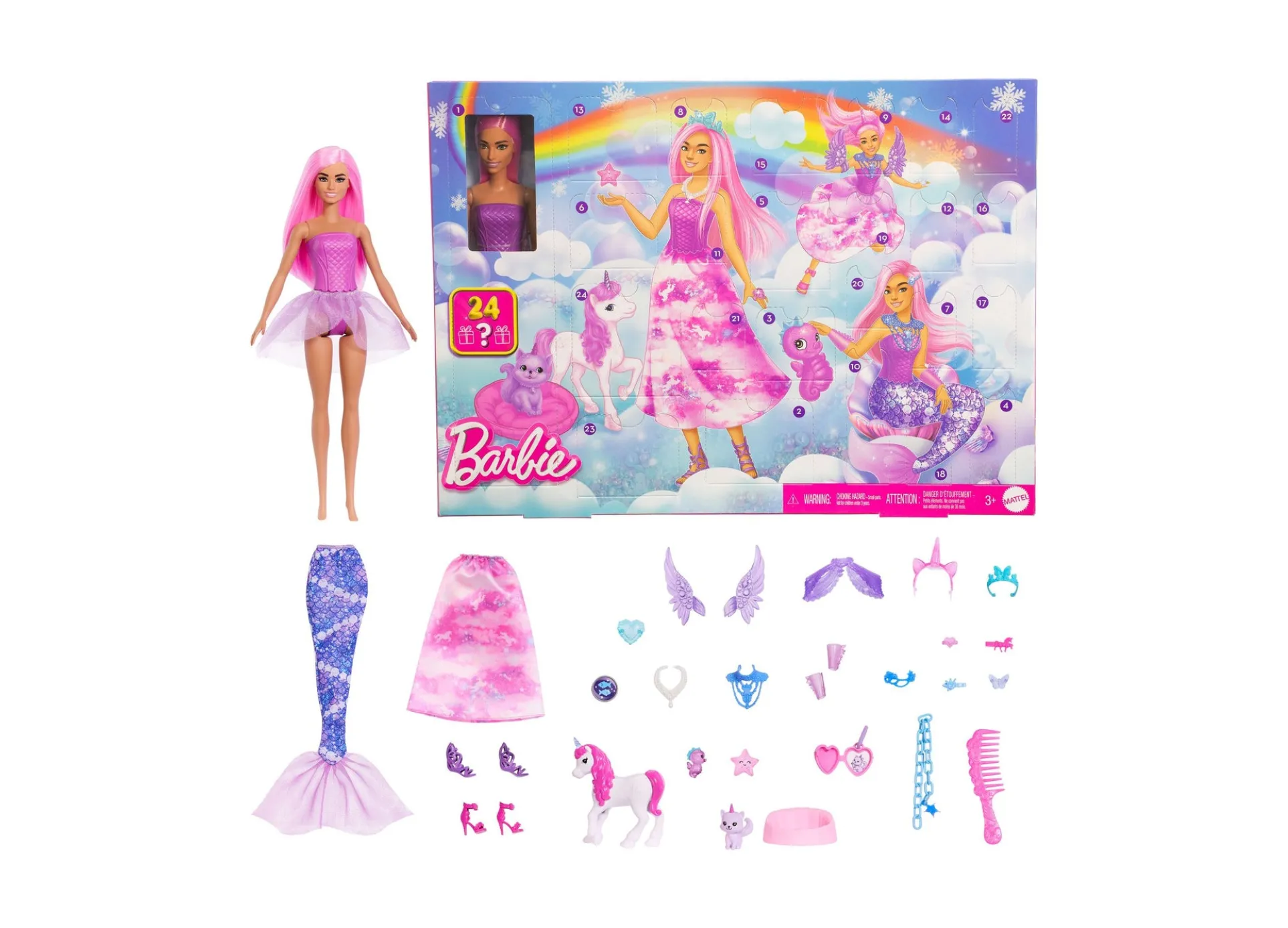Barbie Fantasy-Themed Advent Calendar with Pink-Haired Fashion Doll and 24 Magical Accessories