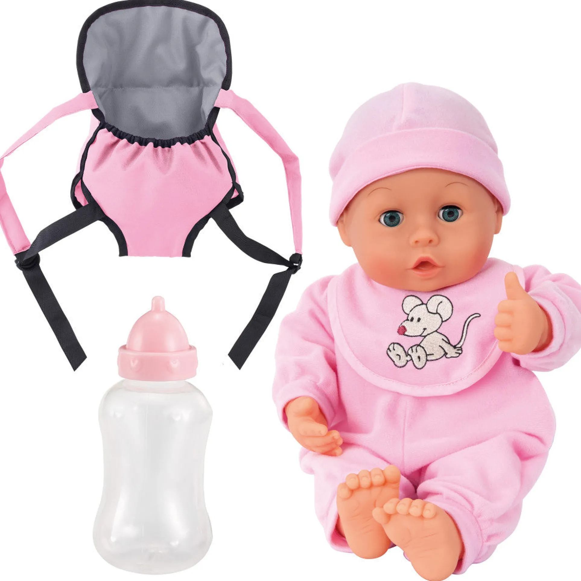 Bayer Design 13" My First Words Baby Doll with Carrier Set - Pink Mouse Outfit