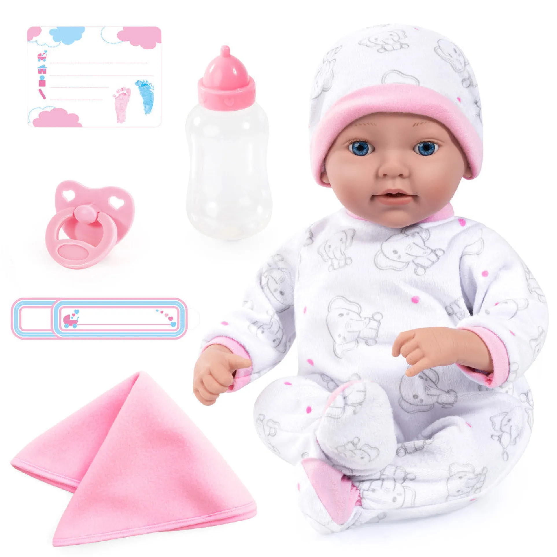 Bayer Design 15" Reborn Baby Doll Set - White Pink Elephant, Kids Age 18mo+