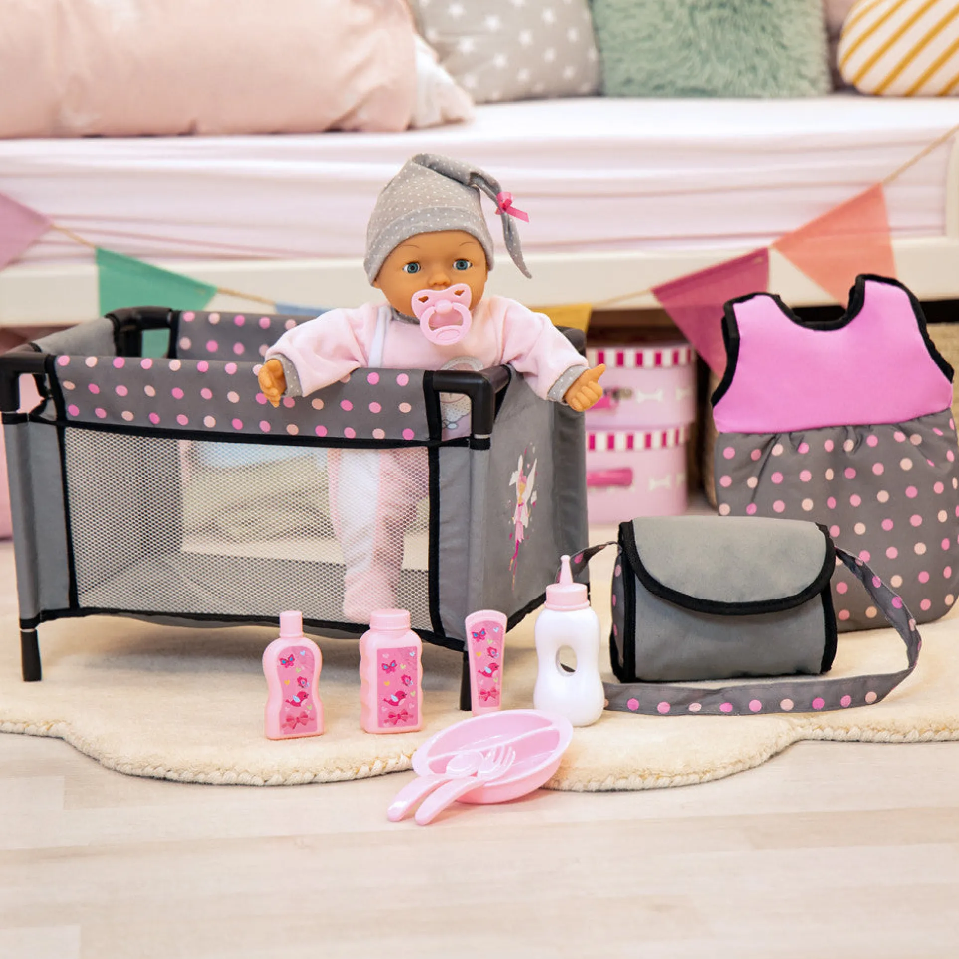 Bayer Design Deluxe Baby Doll Travel Bed Playset with Accessories