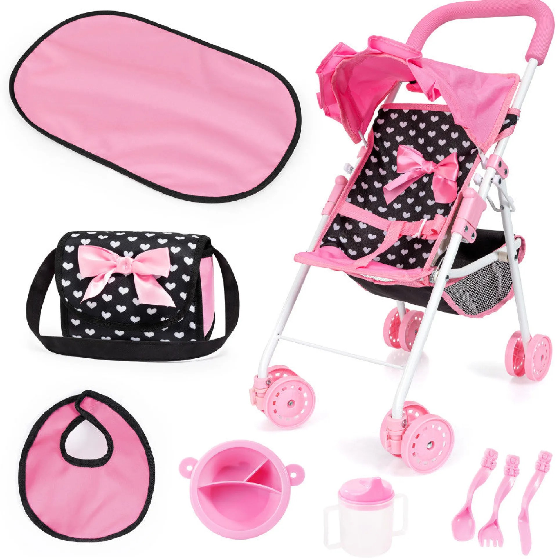 Bayer Design Doll Stroller Playset with Accessories - Pink & Black Hearts