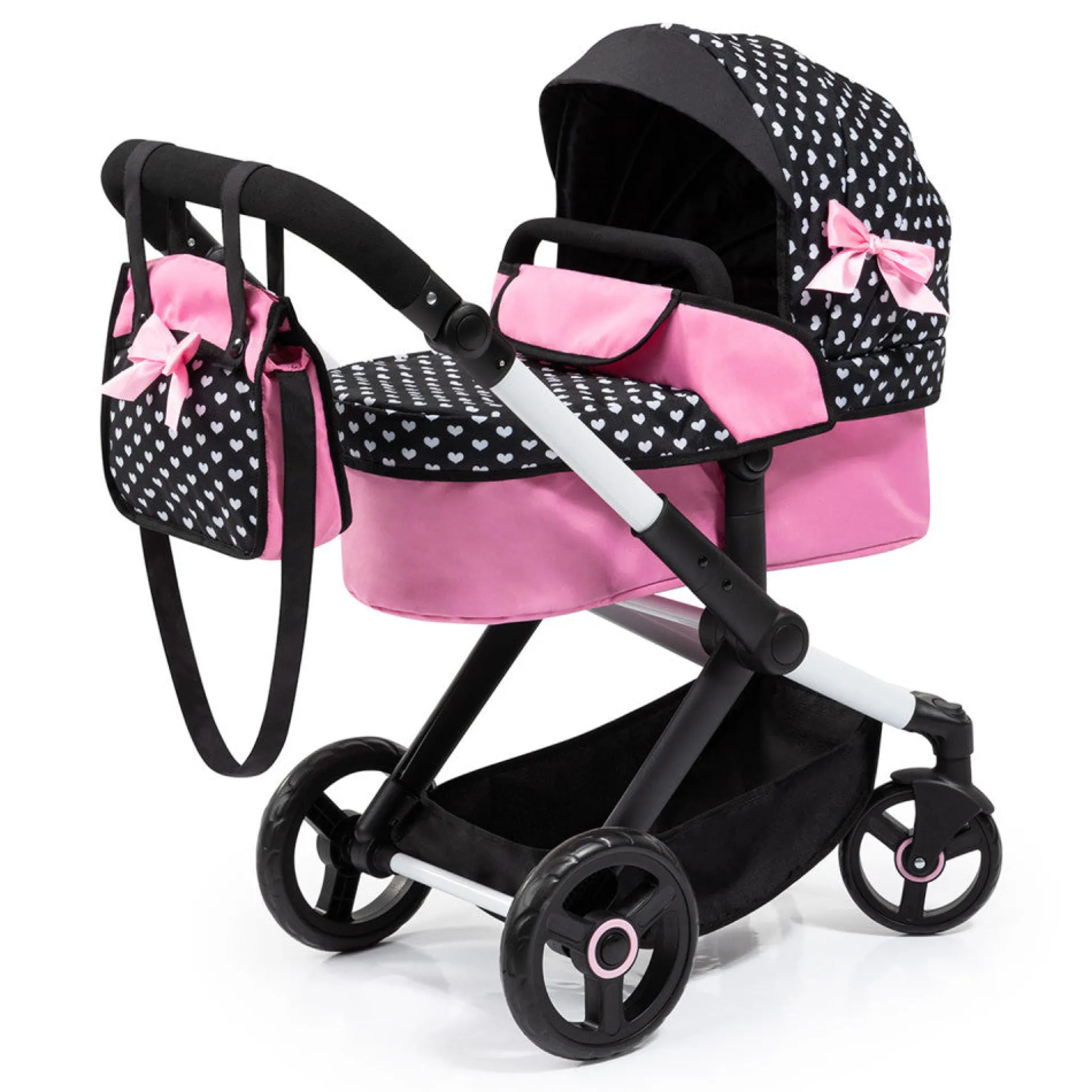 Bayer Design Dolls Pram Xeo, Hearts Black & Pink with Matching Handbag