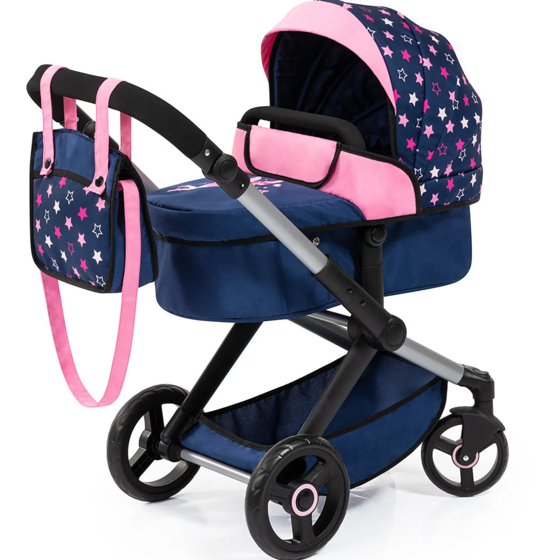 Bayer Design Dolls Pram Xeo - Adjustable Combi Doll Stroller, Blue, Pink, Stars