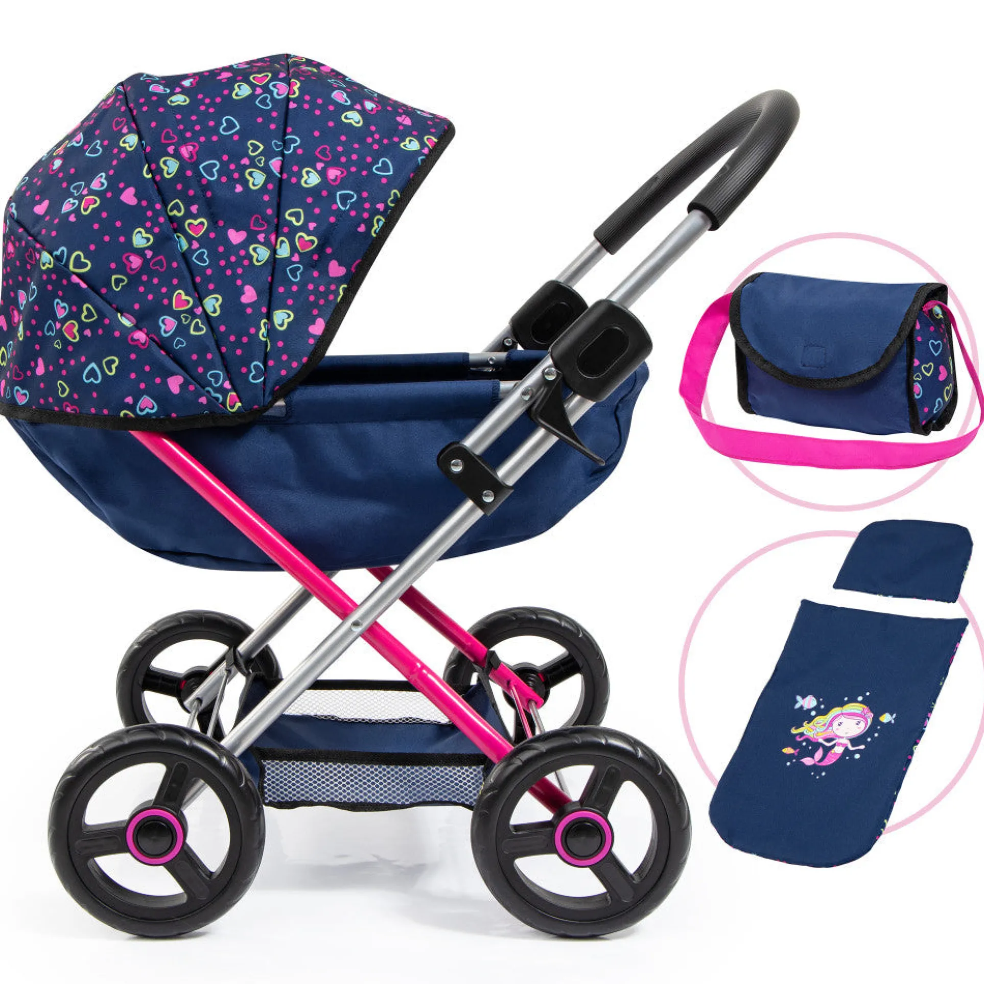 Bayer Design Dolls: Pram Cosy with Blanket and Pillow - Blue, Pink, Hearts