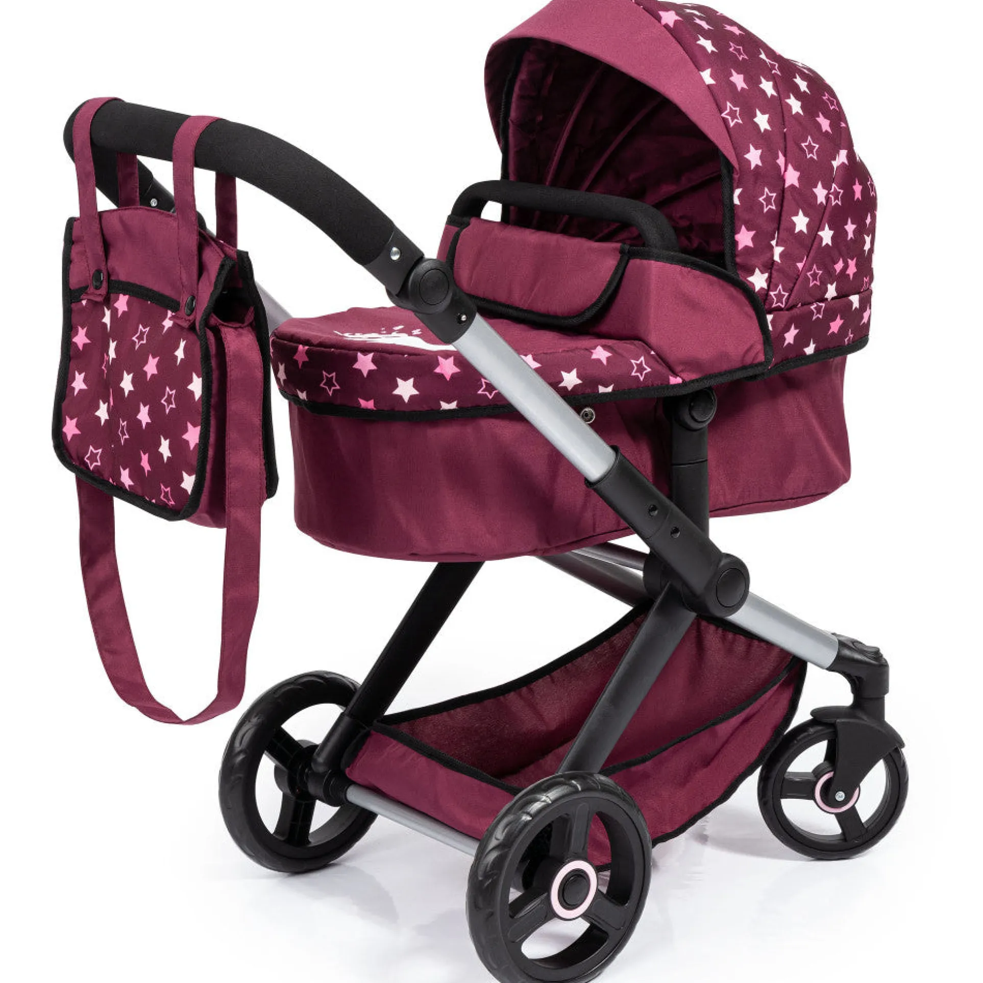 Bayer Design Dolls: Pram Xeo - Burgundy with White Stars and Unicorn Motif