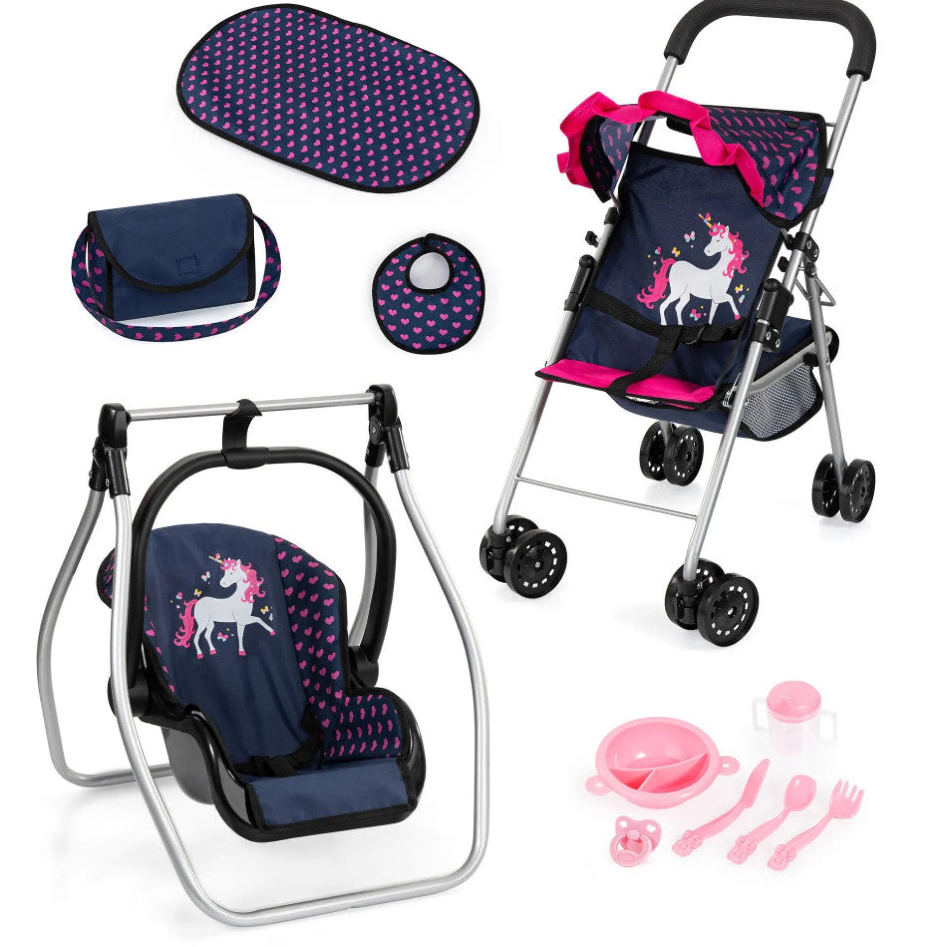 Bayer Design Dolls: 11 Piece Stroller Set - Navy, Pink, Hearts, Unicorn
