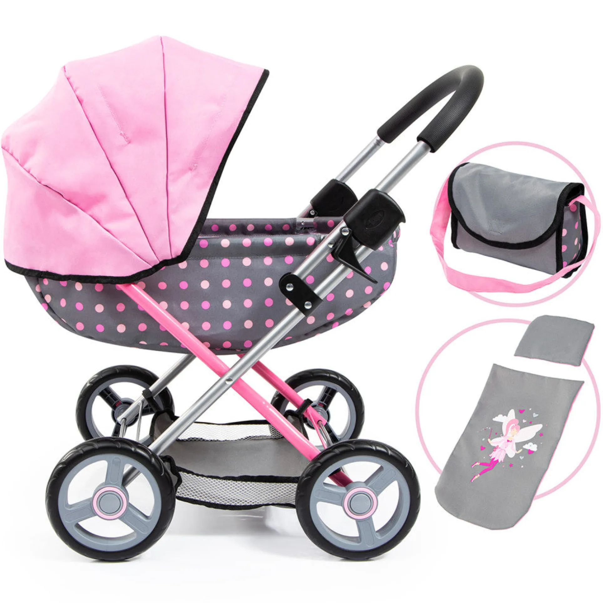 Bayer Design Fairy Polka Dot Doll Pram - Grey & Pink with Accessories