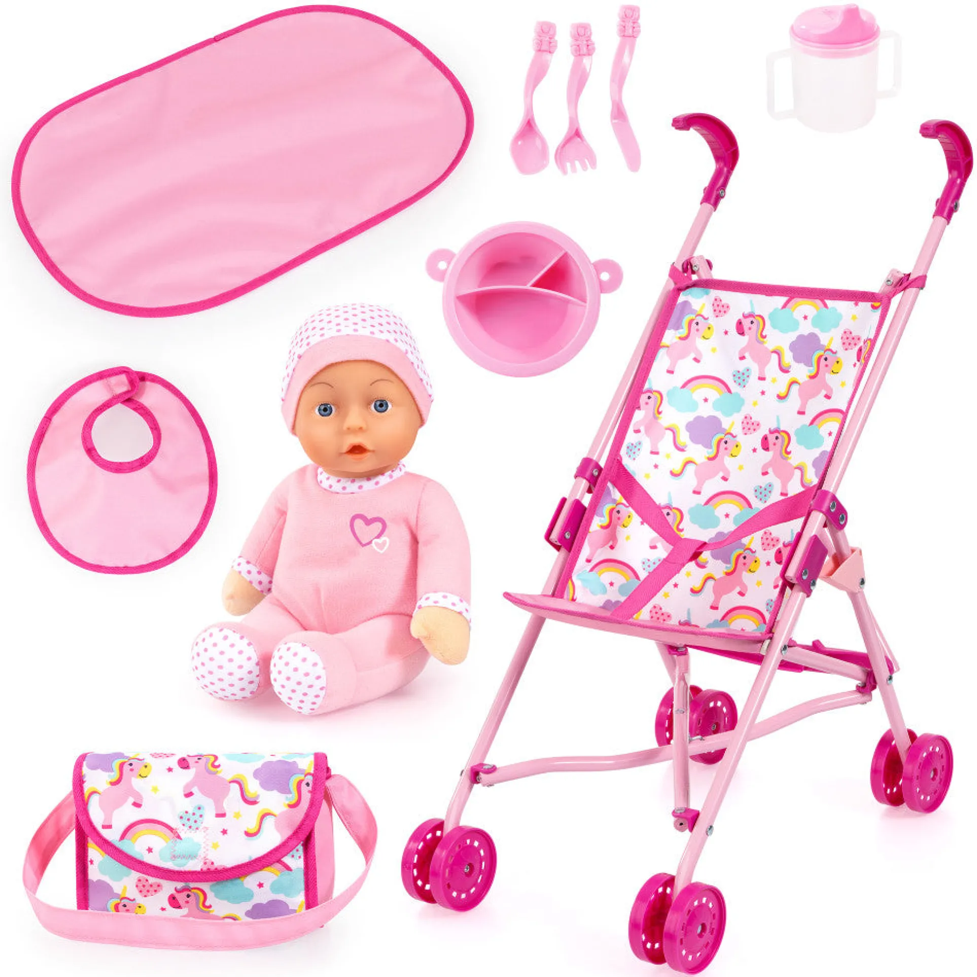 Bayer Design Pink Unicorn Umbrella Stroller Doll Set for Kids Ages 3+