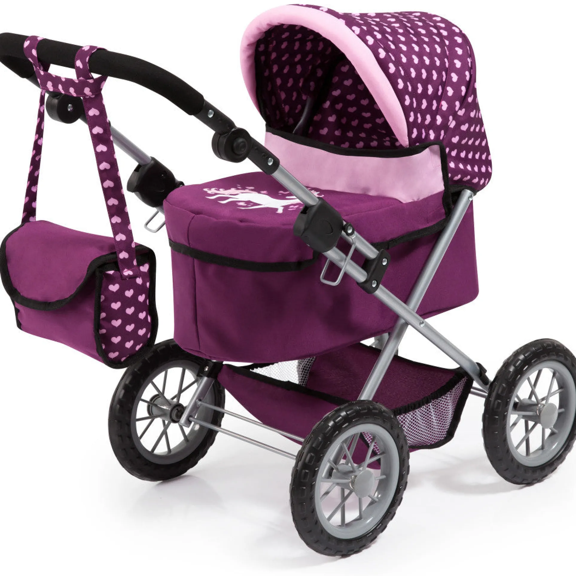 Bayer Design Trendy Dolls Pram with Matching Bag - Burgundy, Pink, Hearts