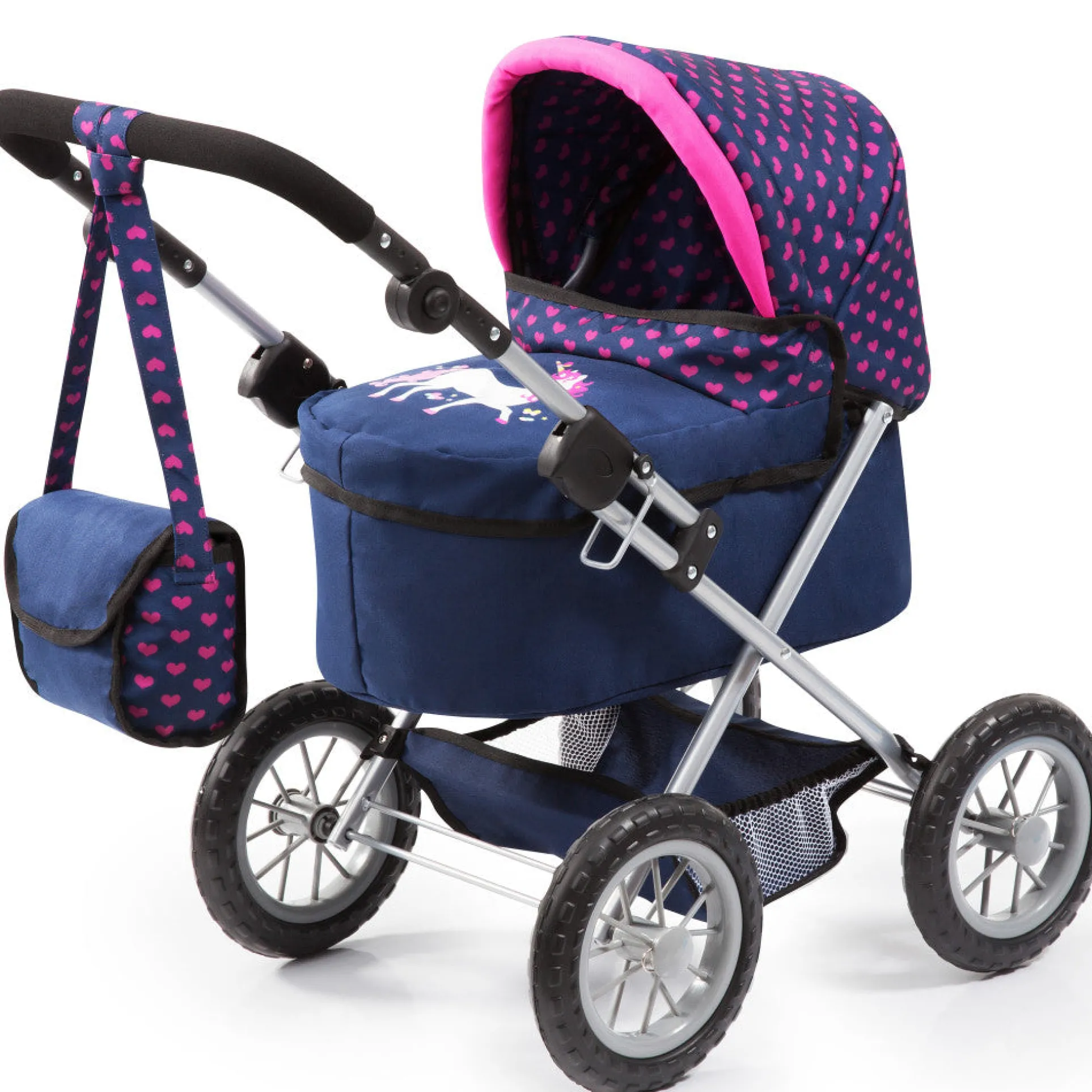 Bayer Design Trendy Doll Pram, Adjustable Handle, Blue Pink Hearts