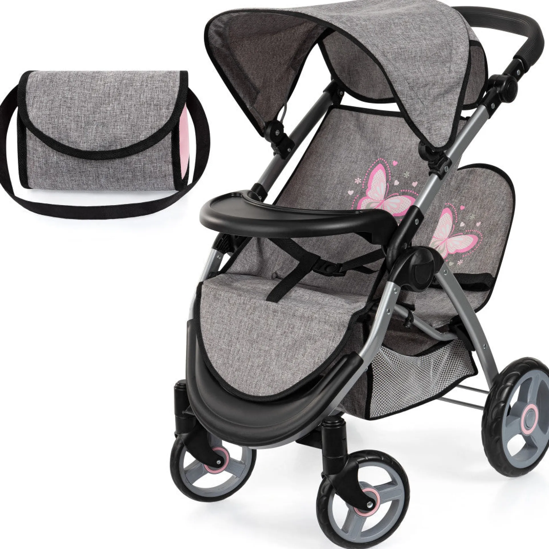 Bayer Design Twin Star Doll Stroller, Adjustable Handle, Grey & Pink Butterfly, Ages 3+