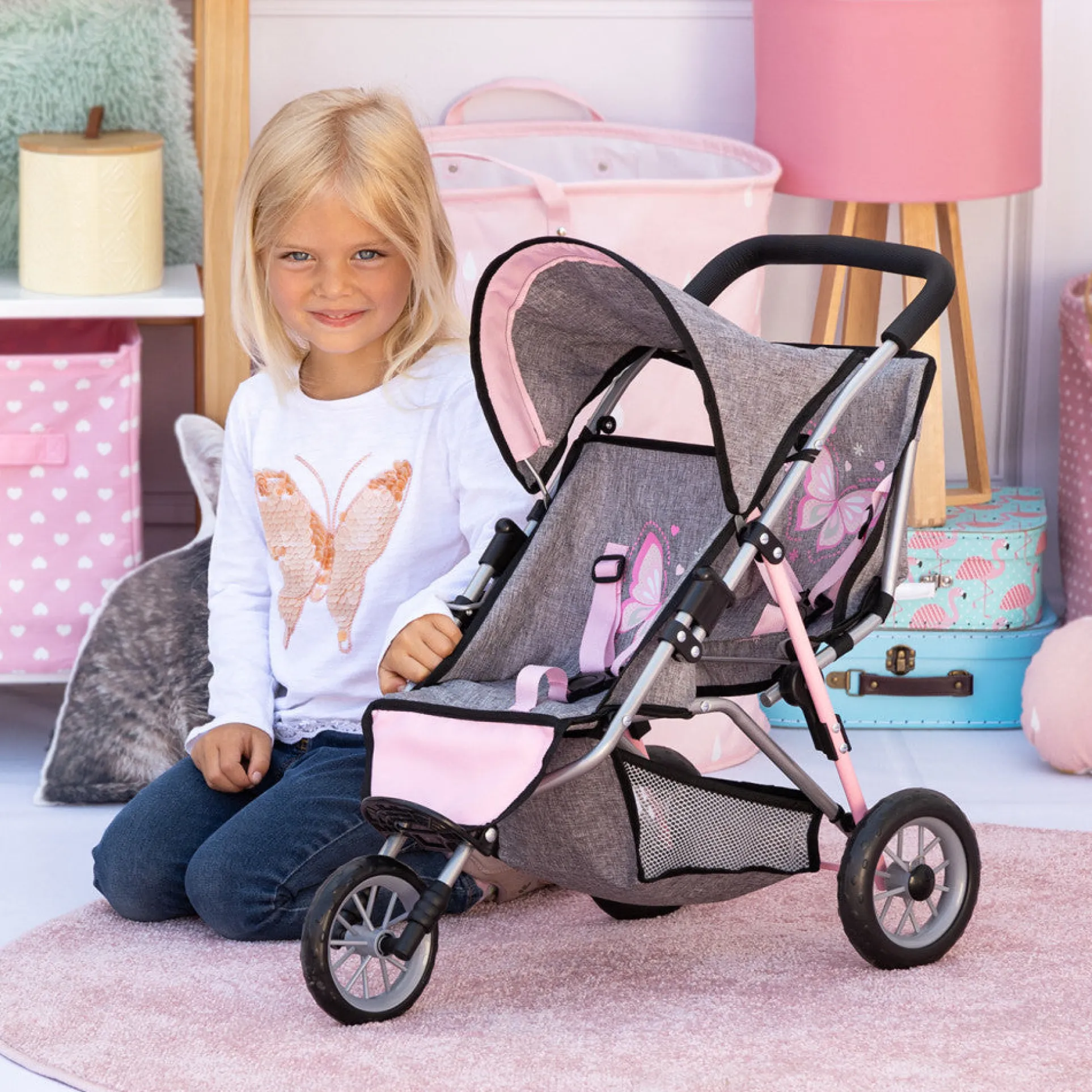 Bayer Dolls Twin 3 Wheel Jogger with Embroidered Butterfly Detail