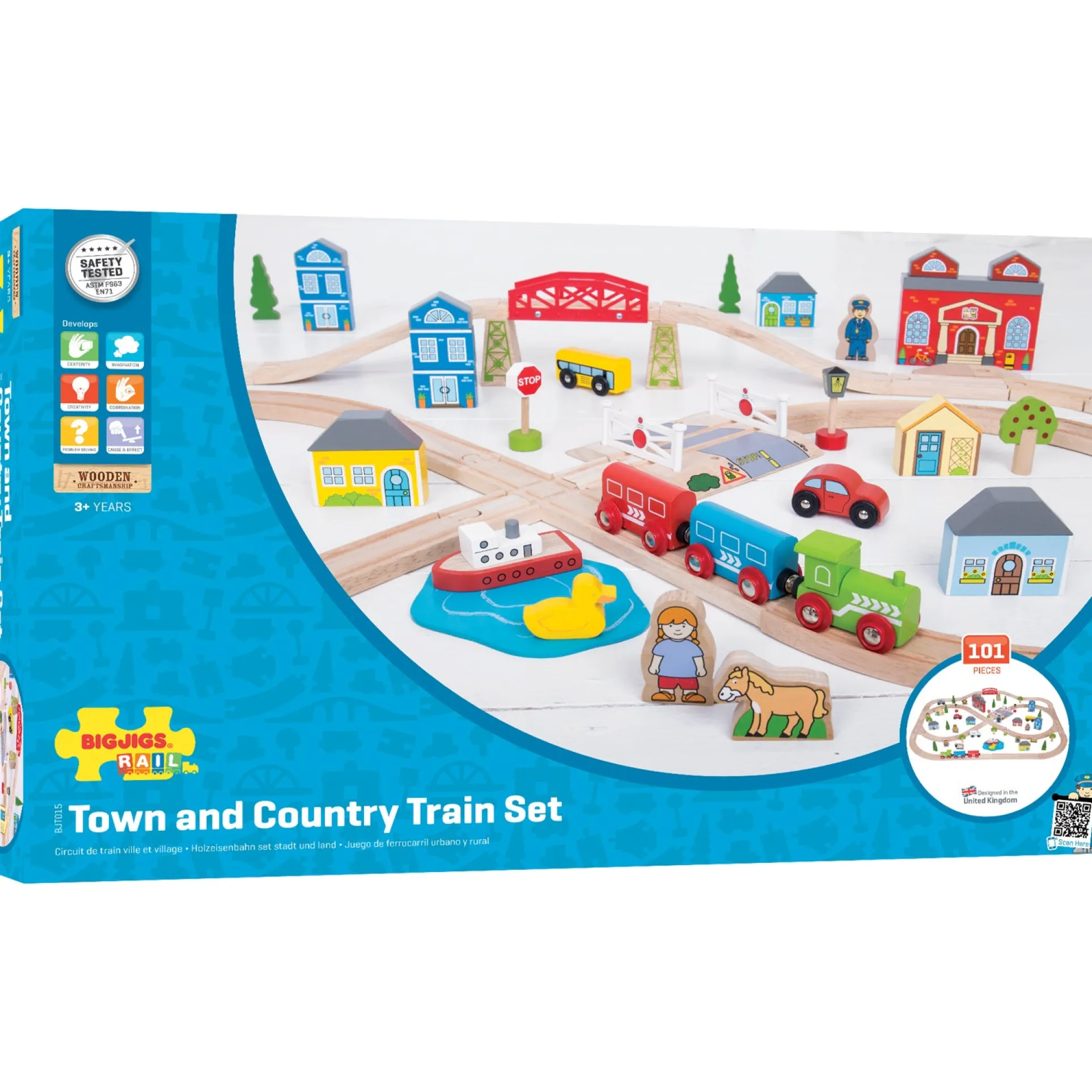 Bigjigs Toys Rail Town & Country 87-Piece Wooden Train Set