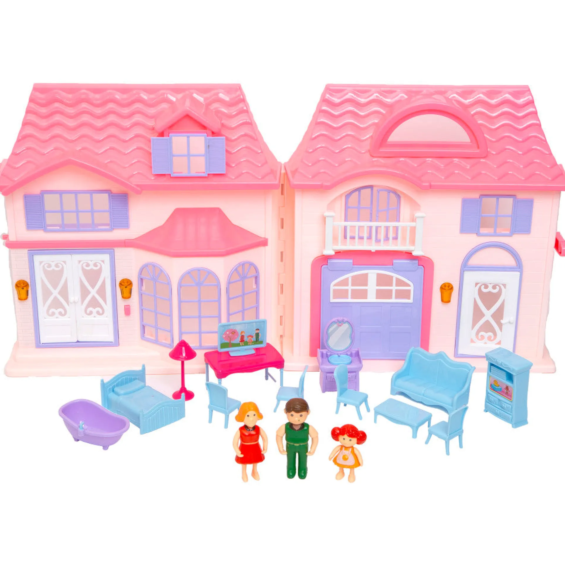 Boley Doll House Playset - Pink & Purple - 16pc with 3 Family Dolls for Kids 3+
