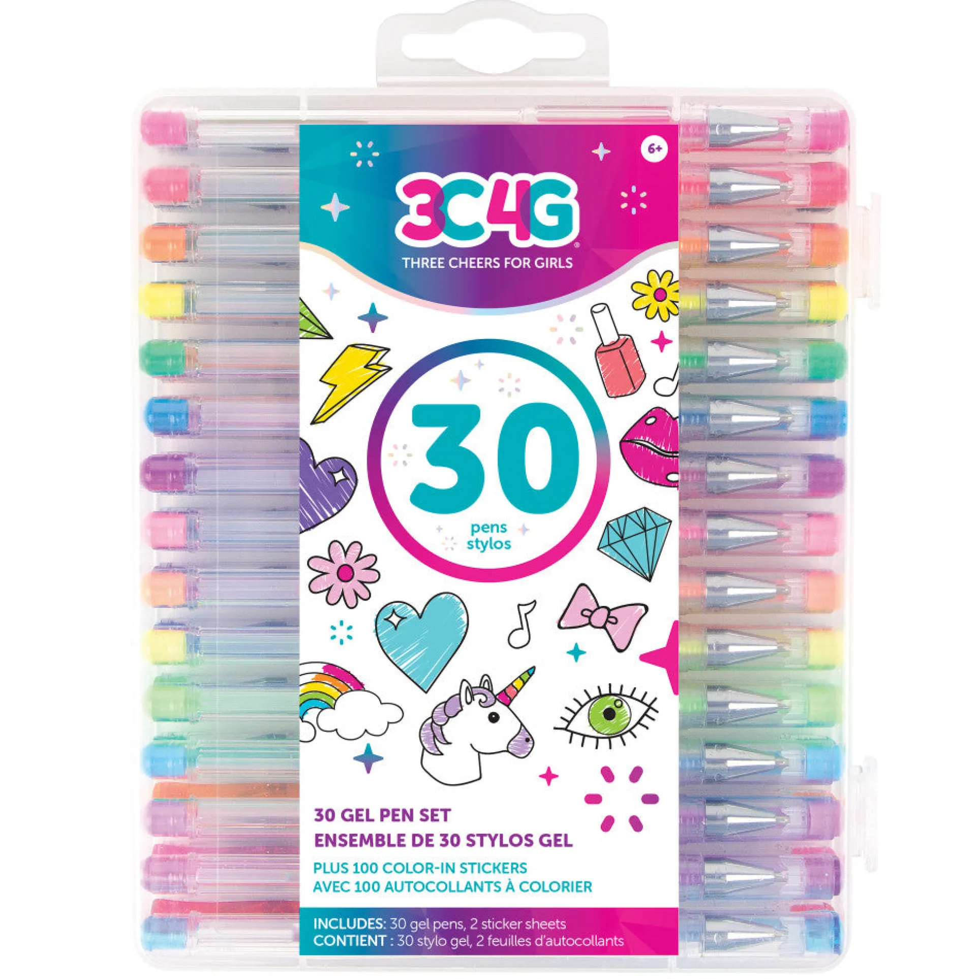3C4G Vibrant Gel Pen Set, 30-Piece with Color-In Stickers