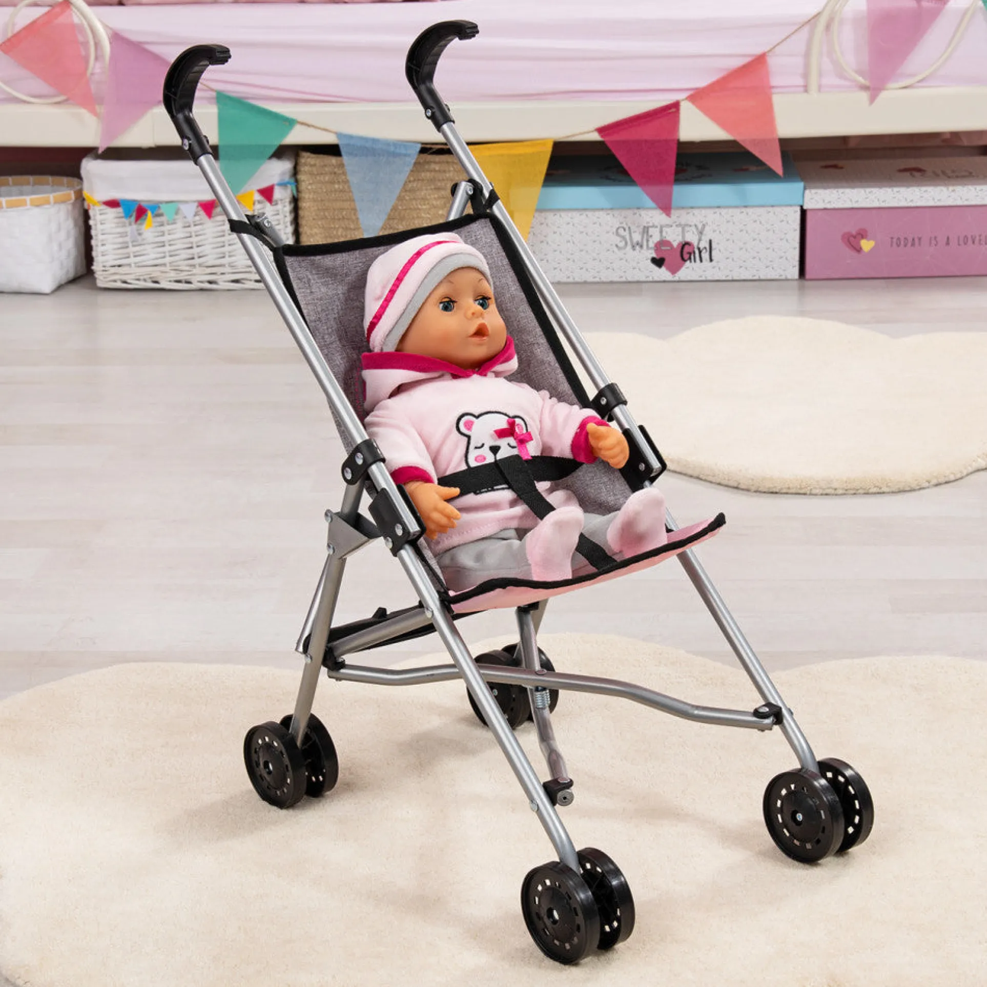 Chic Grey Doll Umbrella Stroller for 18-inch Dolls