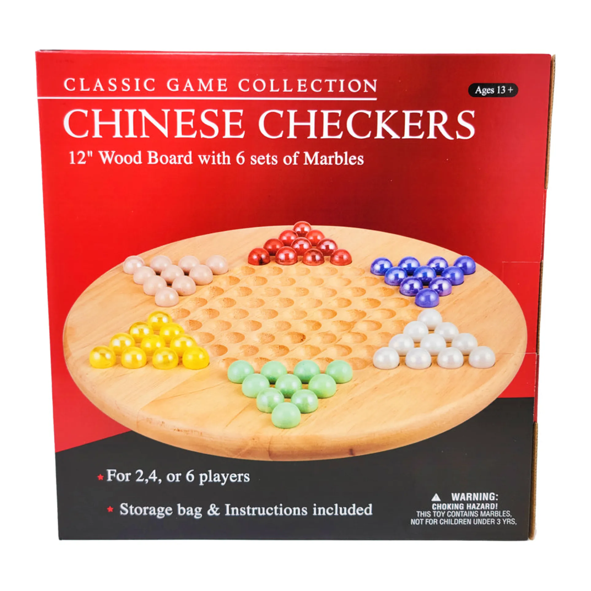 Classic Game Collection 12-Inch Wooden Chinese Checkers Set with Marbles