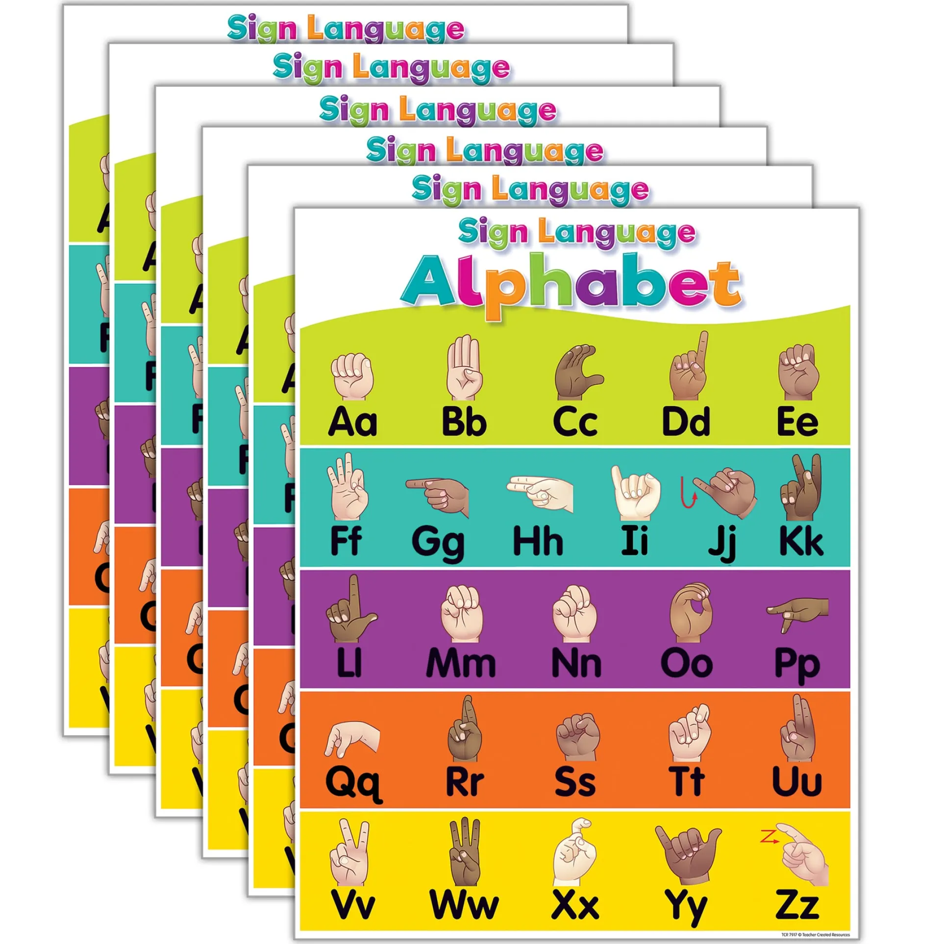 Colorful Sign Language Alphabet Learning Charts by Teacher Created Resources, 17" x 22", Pack of 6