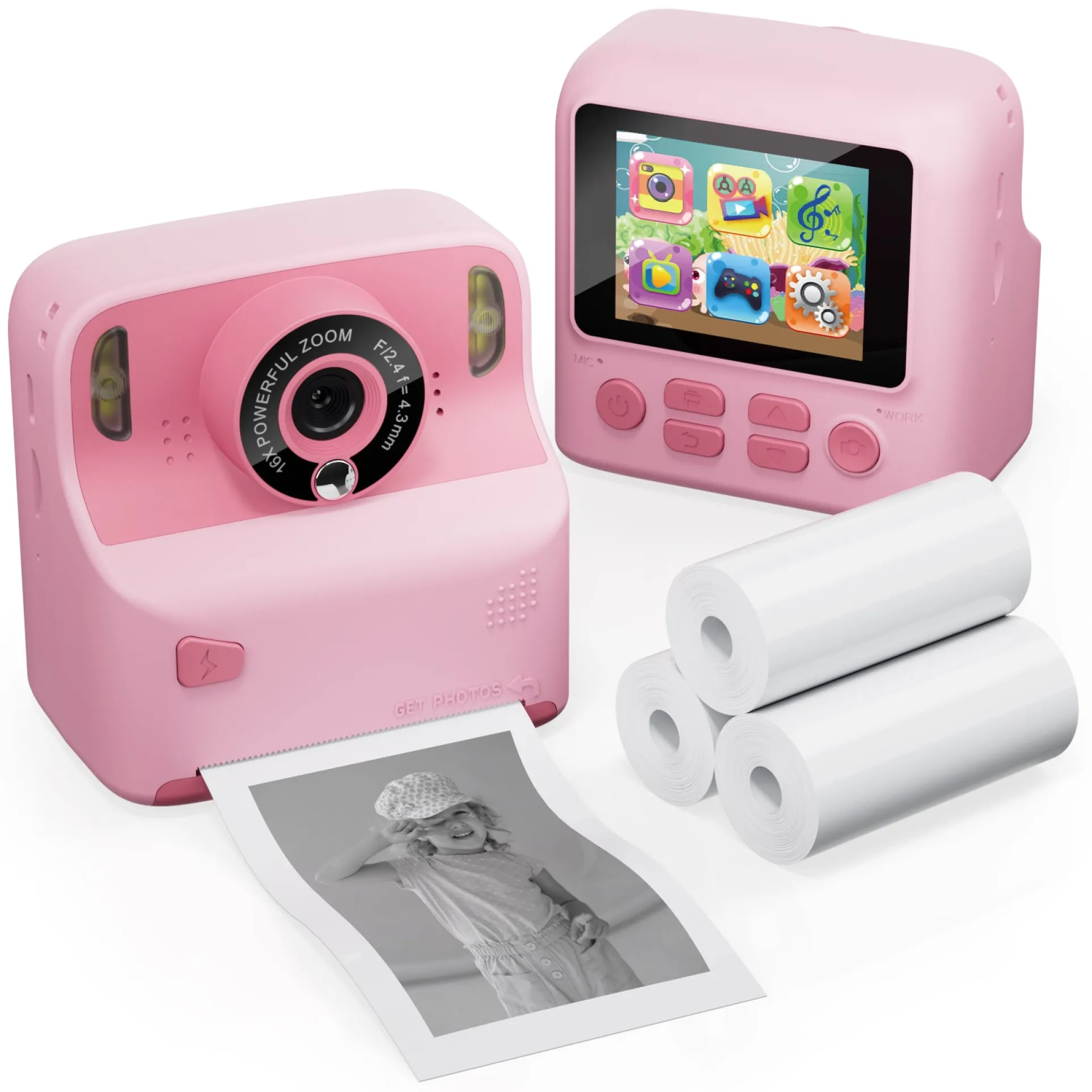 Contixo KC2 Kids Multi-Function Instant Print 16x Digital Zoom Camera w/ 2.4 Inch Screen & Built-In Inkless Printer - Perfect Fun for Ages 3-12! - Pink