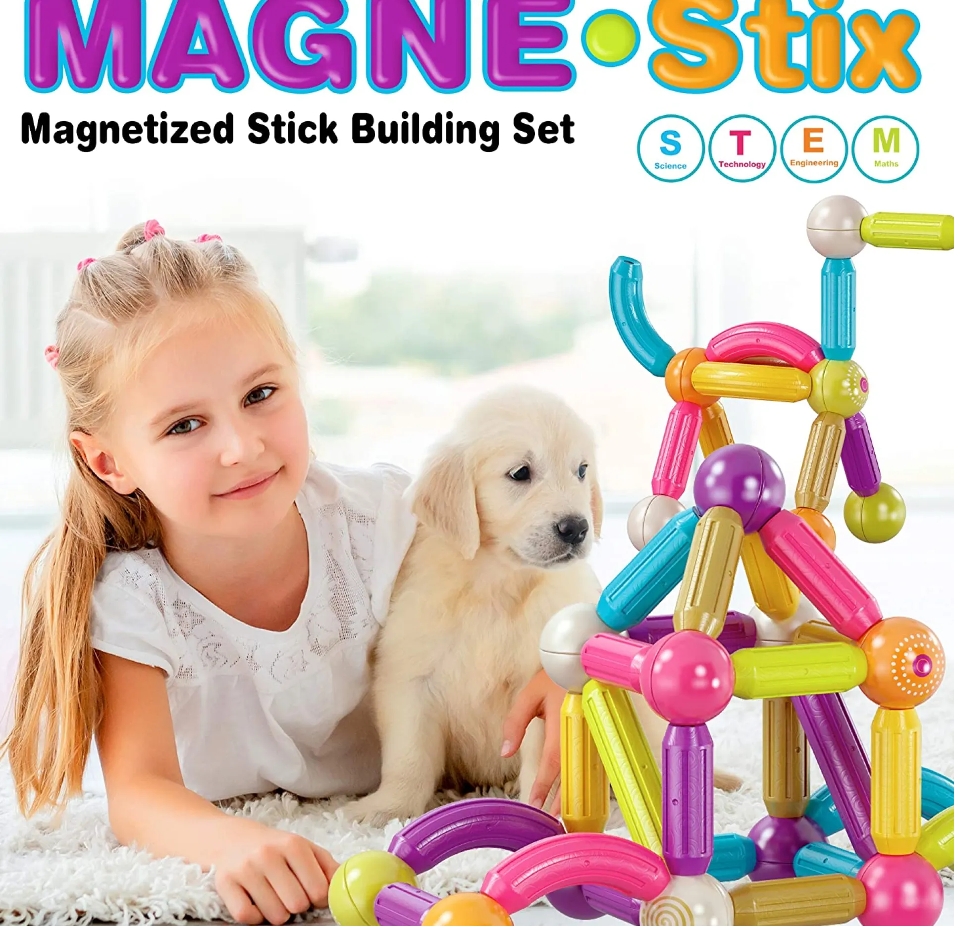 Contixo ST2 68-Piece Magnetic Building Sticks Set for Kids - Colorful 3D Construction Blocks