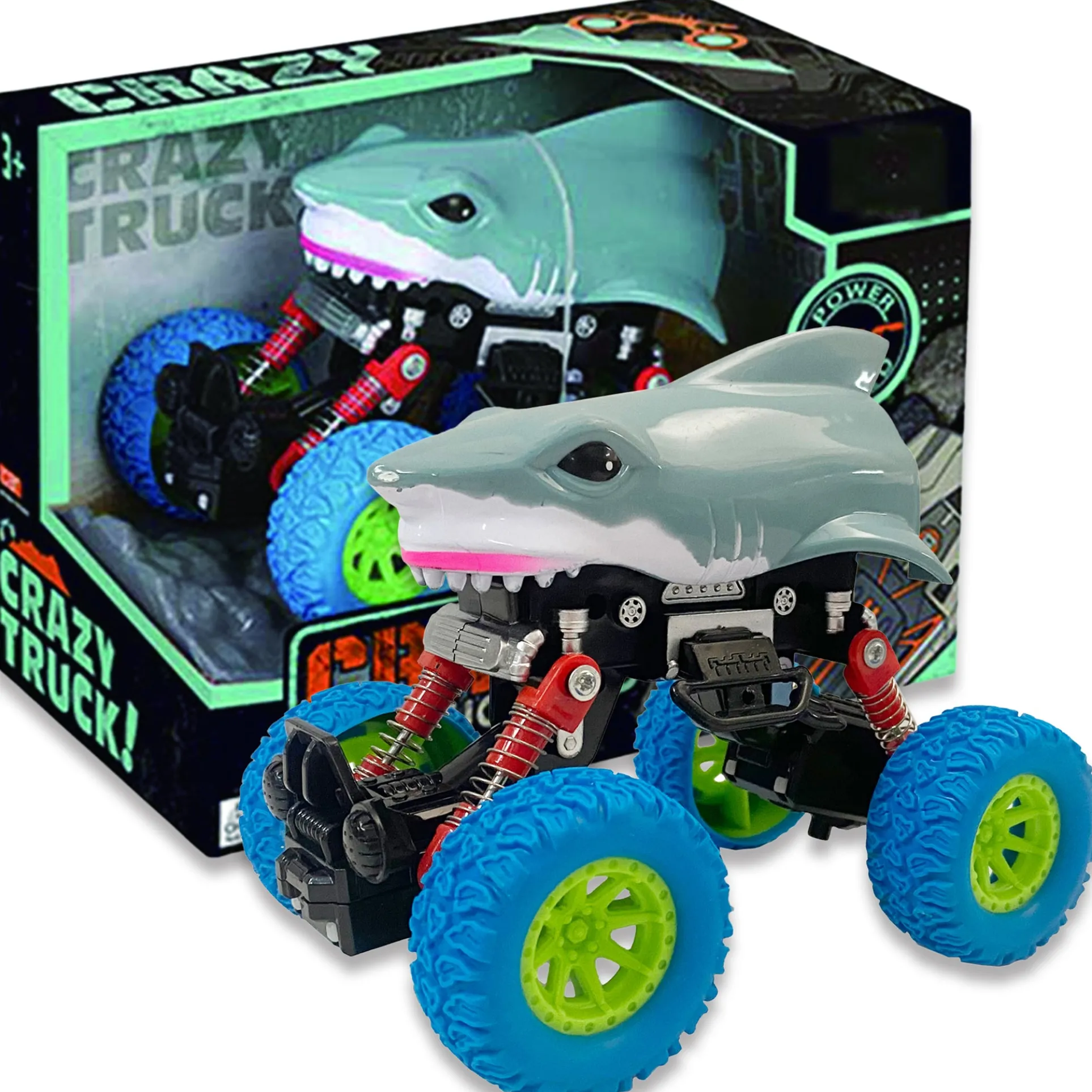 Crazy Truck Big Wheels Shark Truck - 4.5" Friction-Powered Stunt Vehicle for Kids 3+