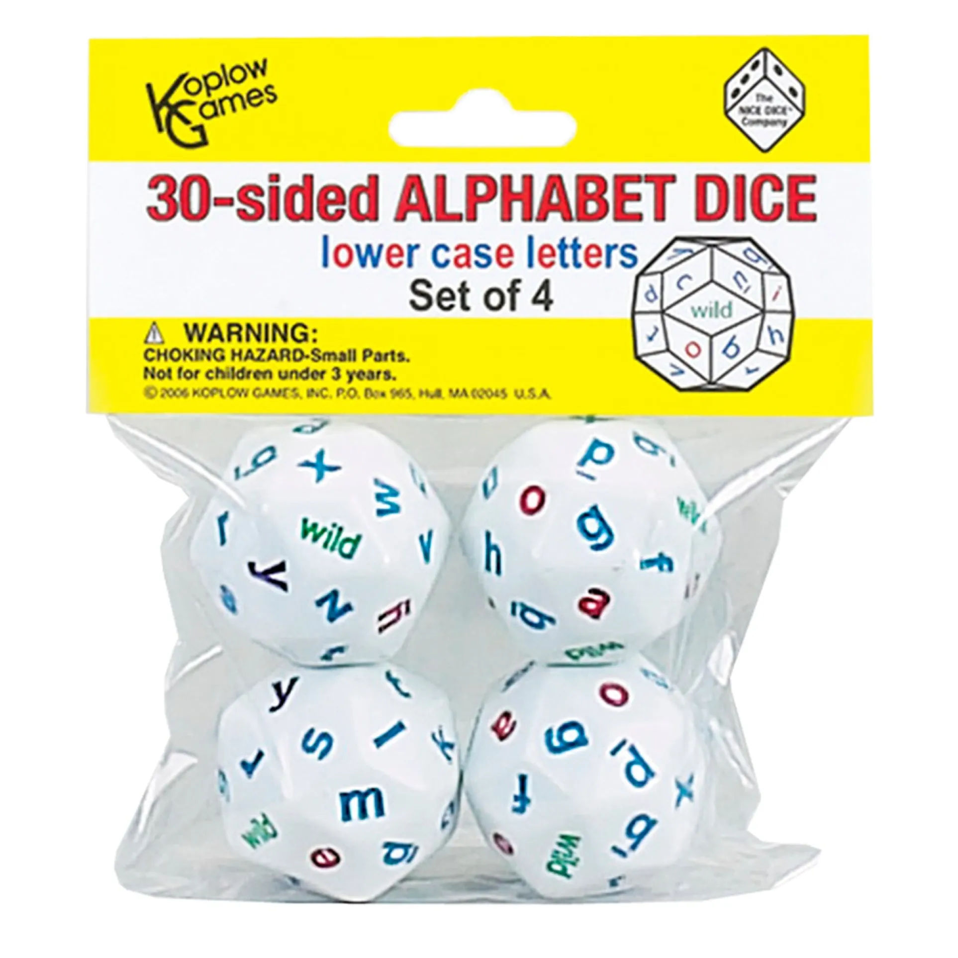 Koplow Games Colorful 30-Sided Alphabet Dice Set, Lowercase, 4 Pack