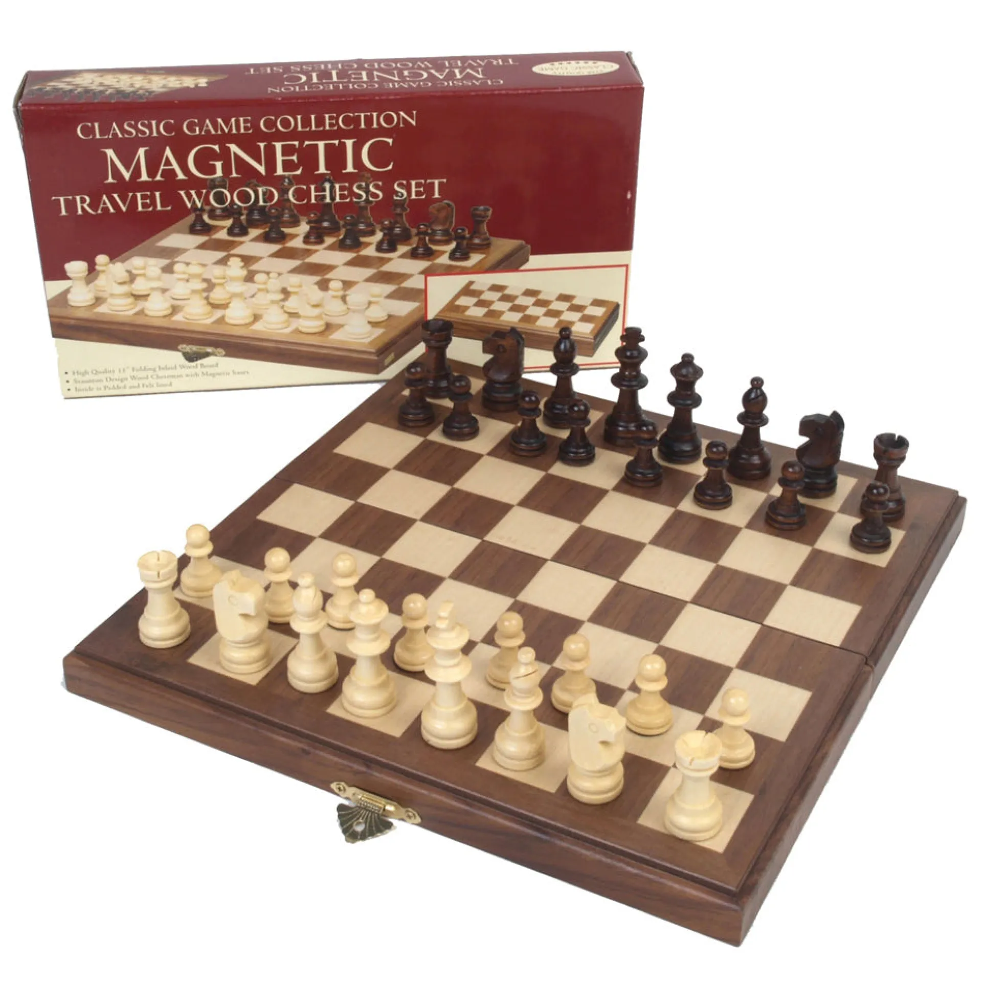 Deluxe Travel Magnetic Walnut Chess Set with Foldable Inlaid Board
