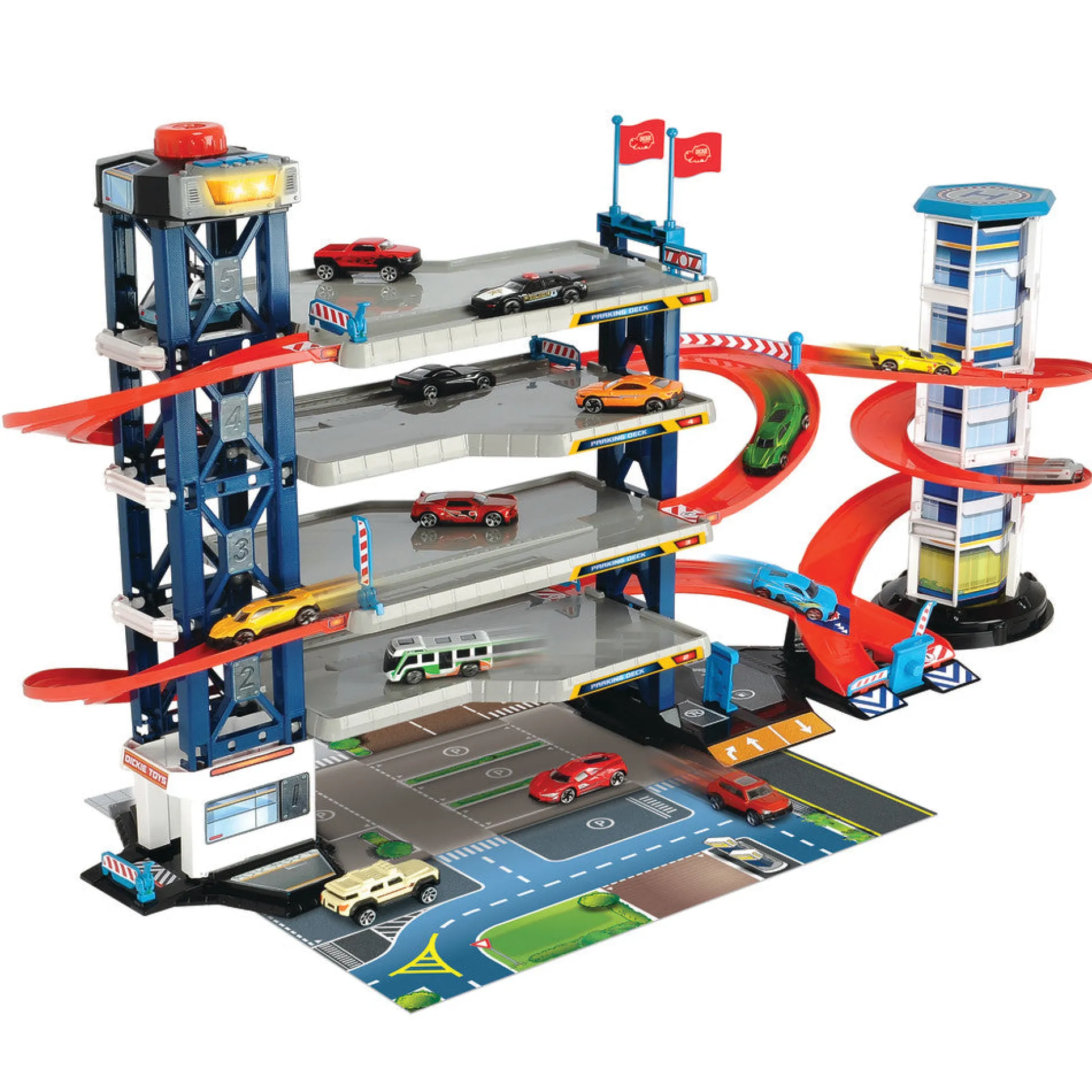 Dickie Toys Deluxe Parking Garage Playset - Includes Die-Cast Vehicles & Helicopter