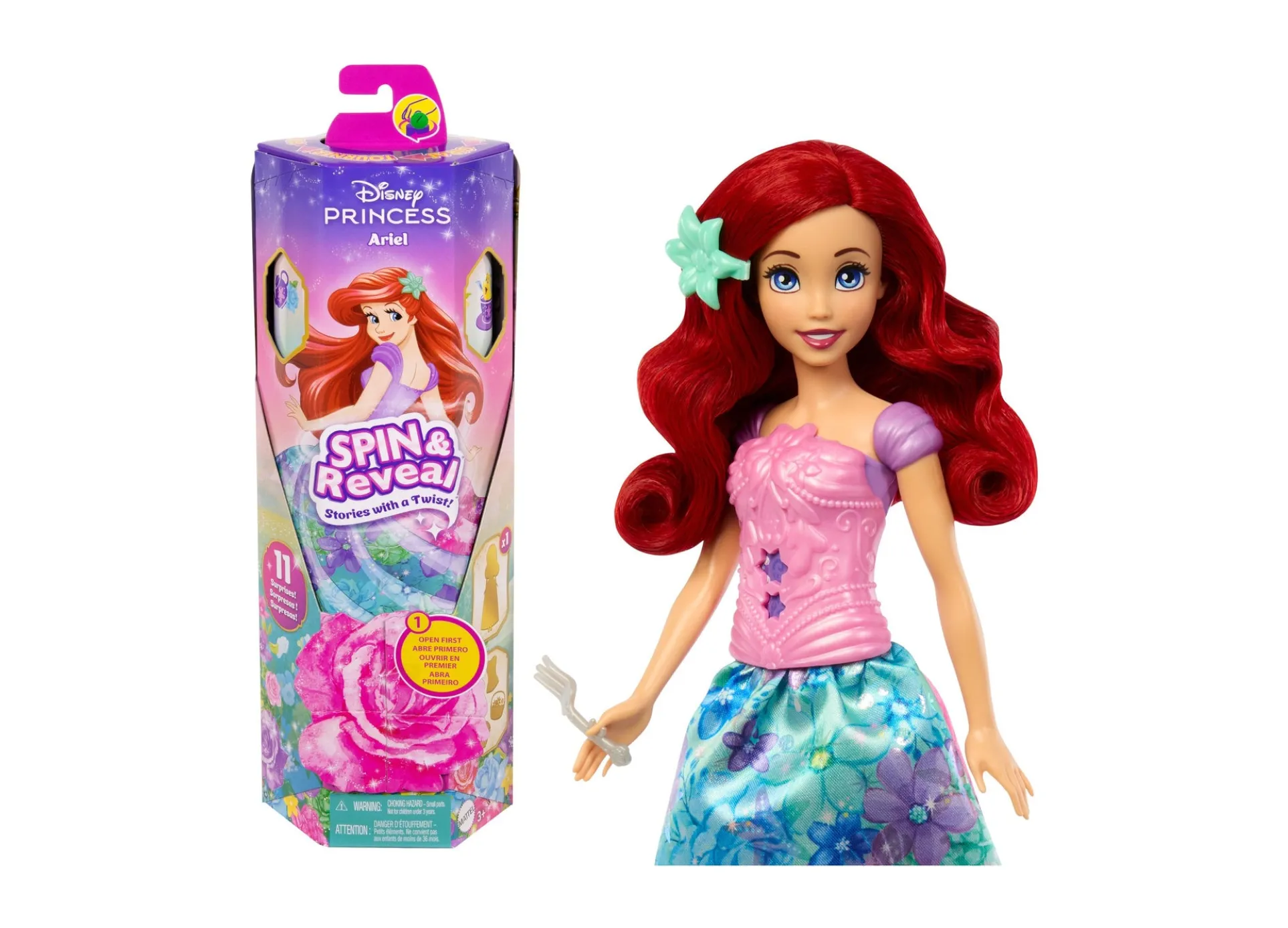 Disney Princess Spin Reveal Ariel - Floral Fashion Doll with 11 Surprises