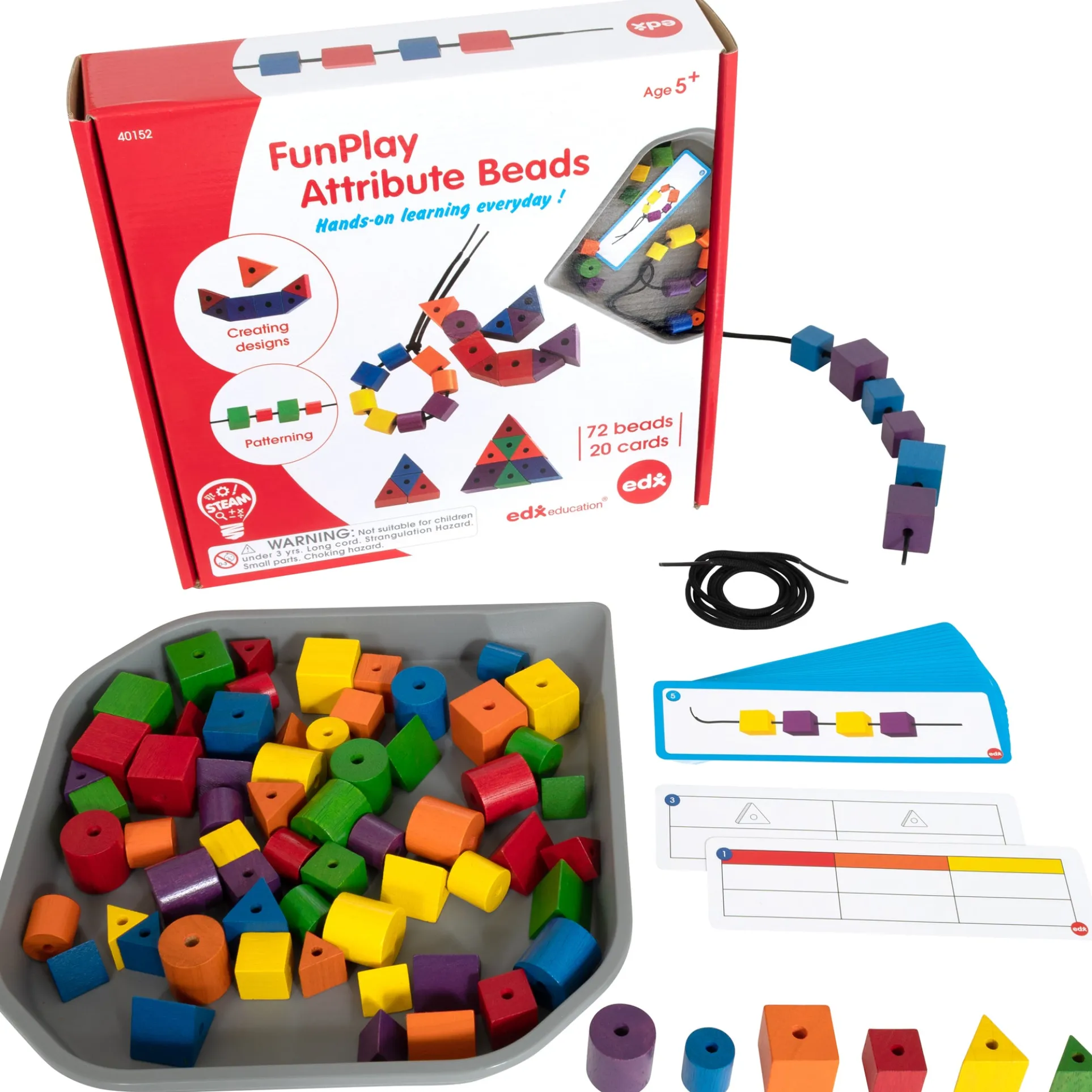 edxeducation FunPlay Attribute Beads - Educational Wooden Lacing Set - 72 Beads & 40 Activities