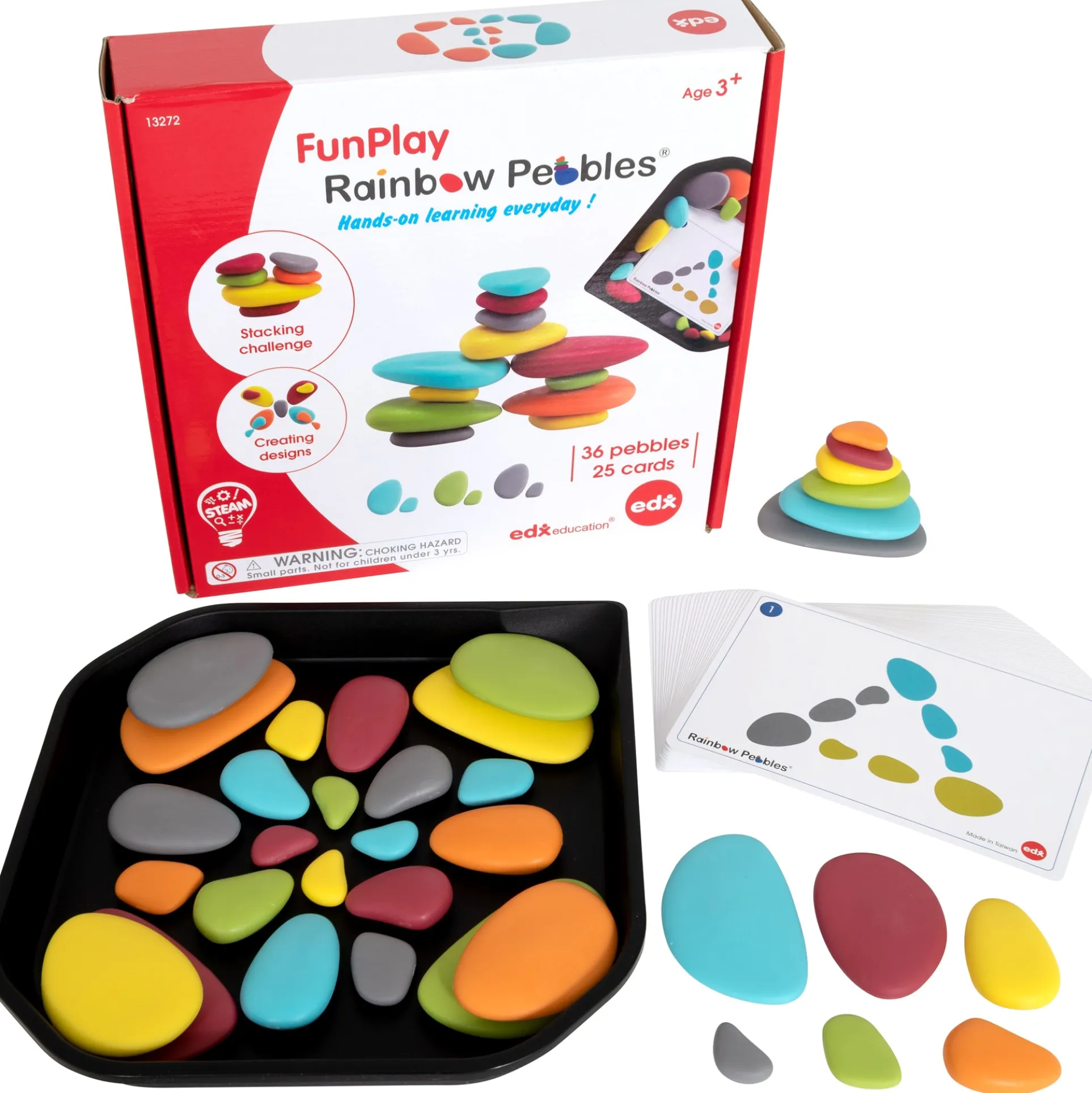 edxeducation Rainbow Pebbles - Early Math Manipulative and Construction Toy - Set of 36 Pebbles, 50 Activities, and Tray