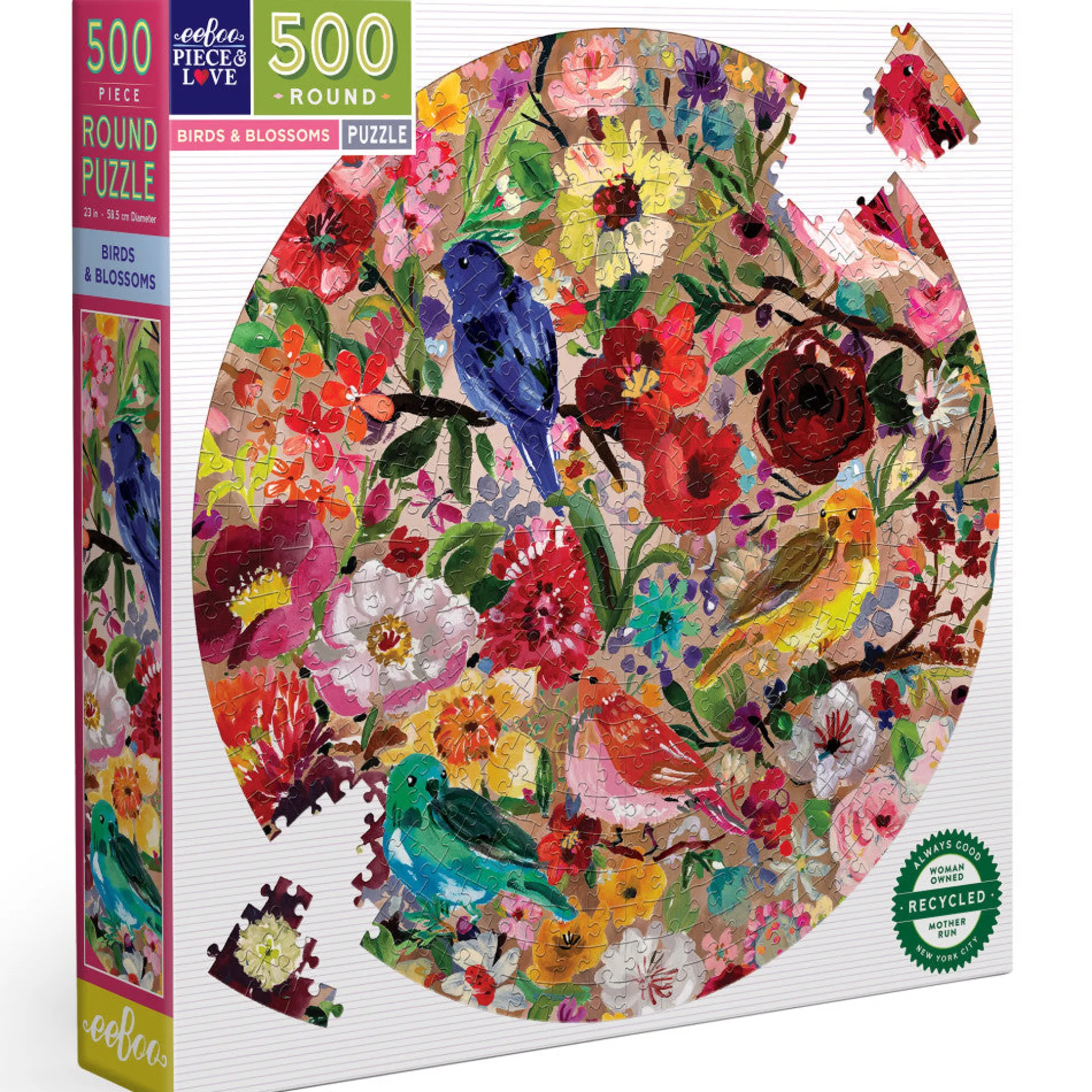 eeBoo Birds & Blossoms 500-Piece Round Jigsaw Puzzle