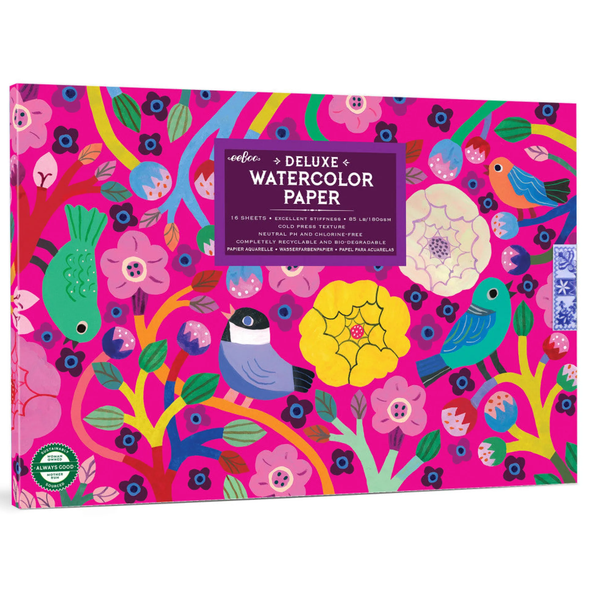 eeBoo Birds in Fuchsia Watercolor Pad - 16 Sheets, 85 lb Paper
