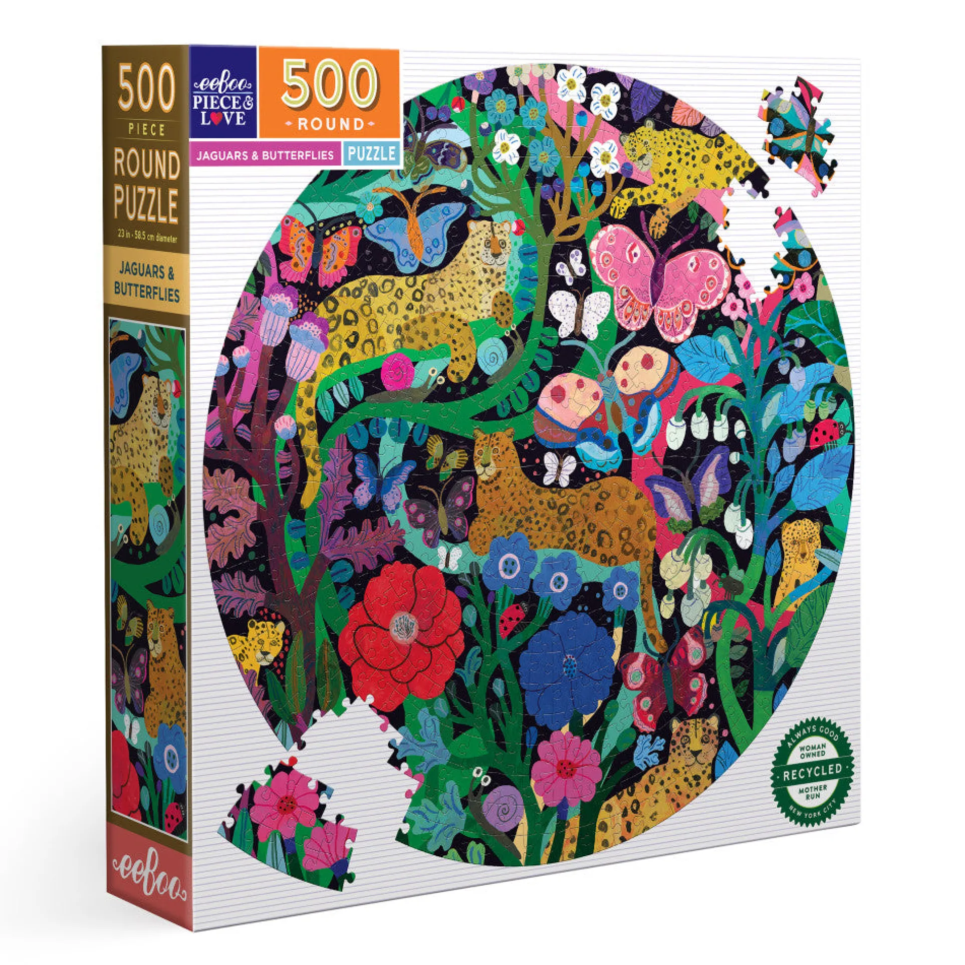 eeBoo Piece & Love Jaguars & Butterflies 500-Piece Round Jigsaw Puzzle