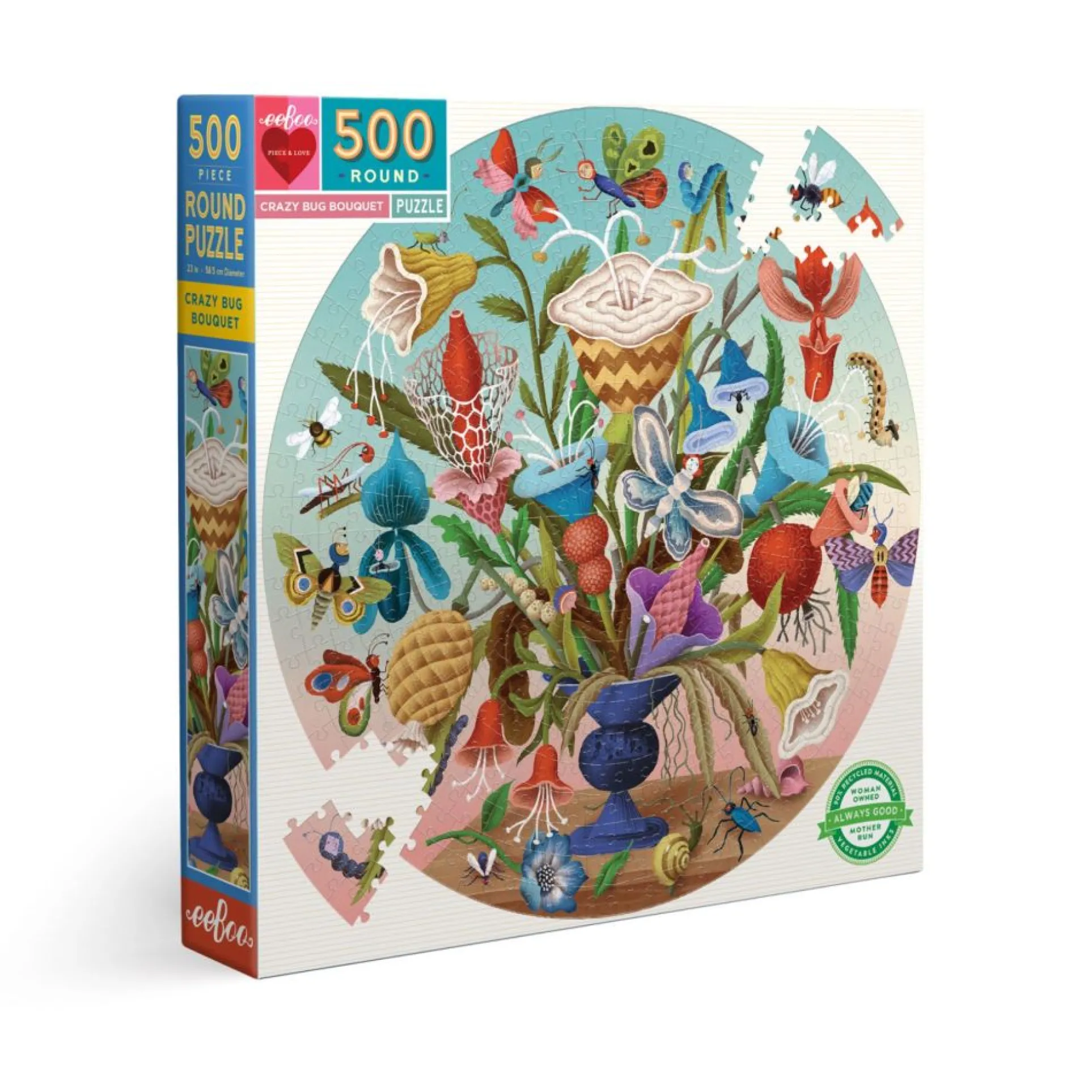 eeBoo Piece and Love Crazy Bug Bouquet Round Jigsaw Puzzle - 500 pc